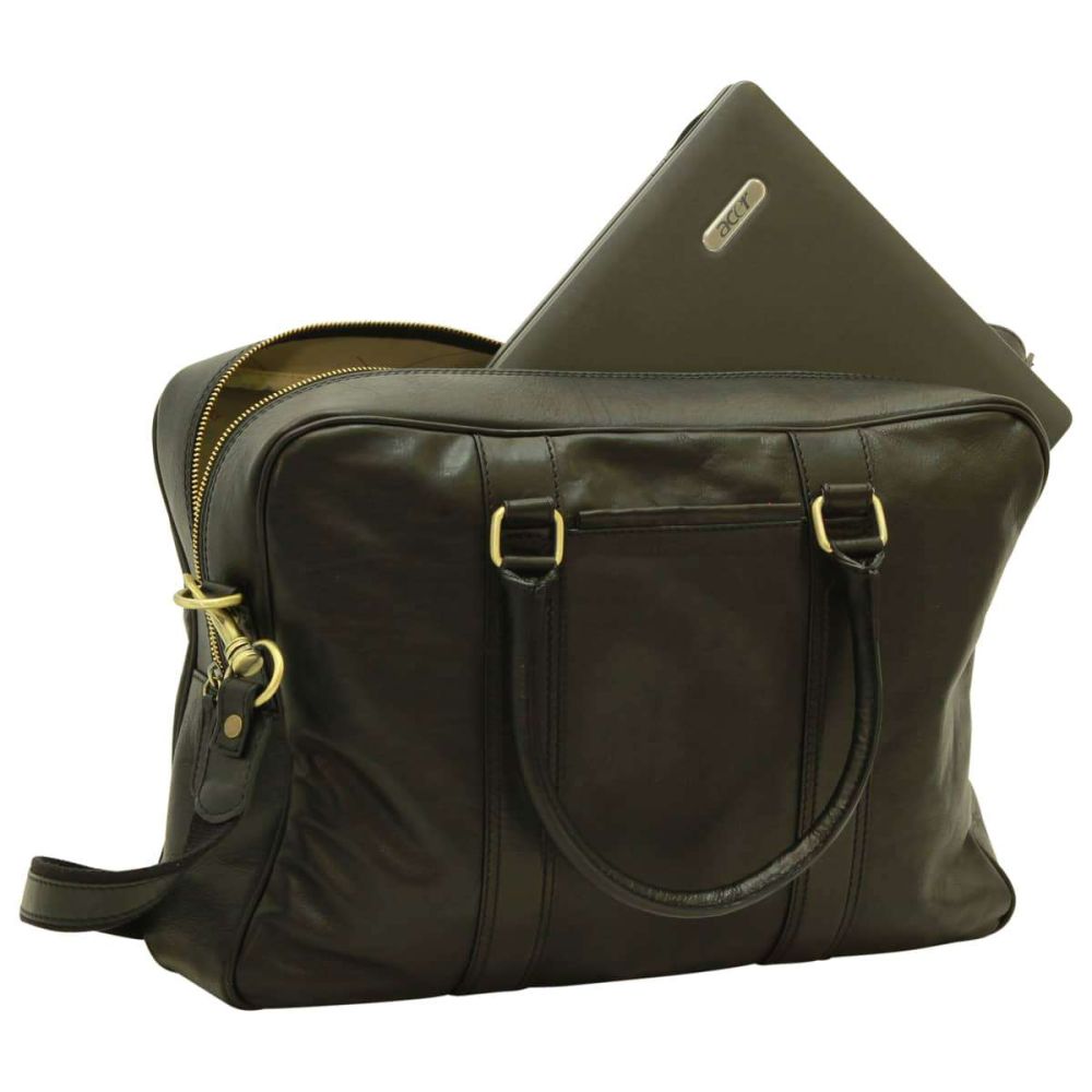 talienische Laptop Tasche Leder Schwarz – geöffnet mit Laptopfach