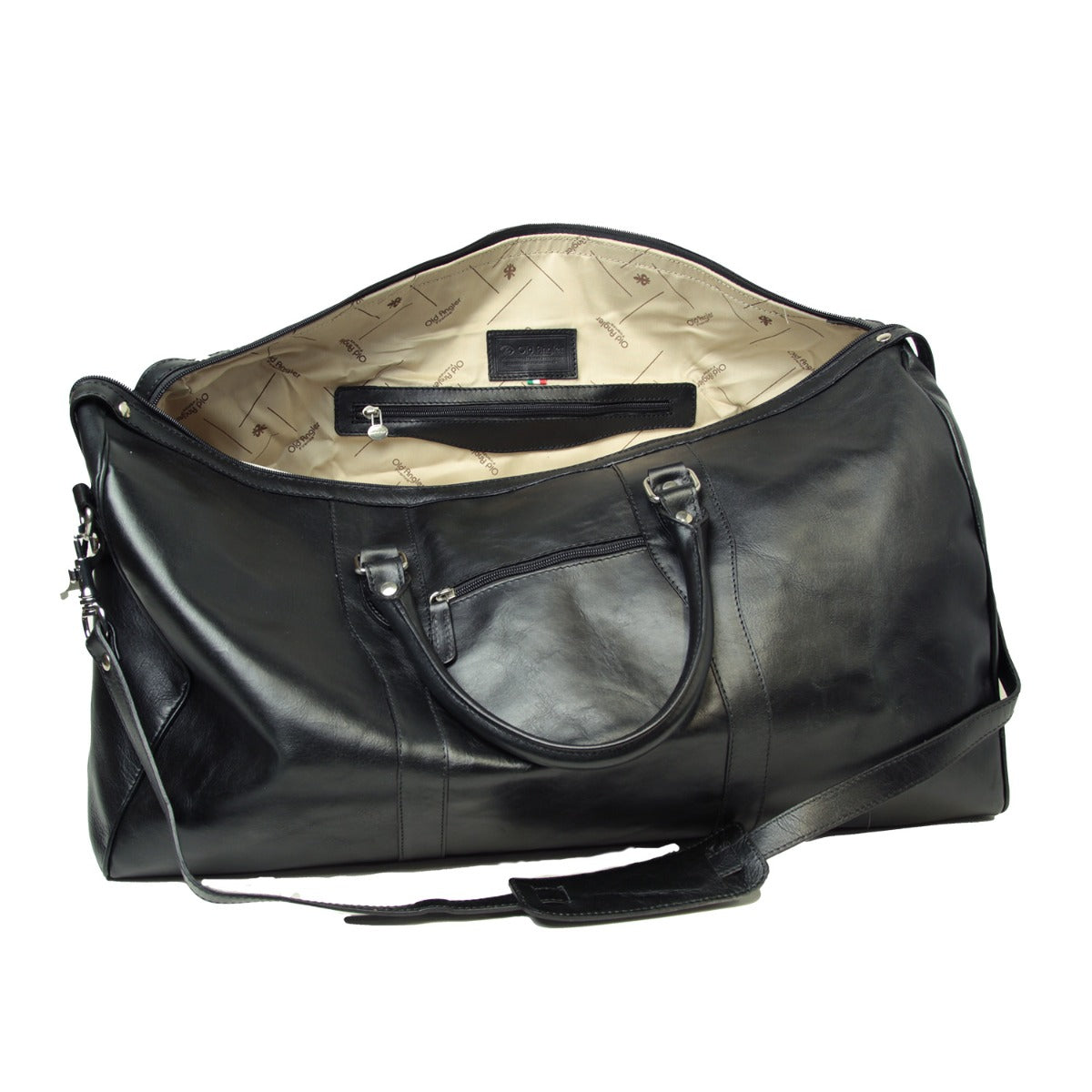 Italienische Weekender Tasche Leder schwarz, Reisetasche Herren aus Echtleder, elegante schwarze Travel Bag Made in Italy mit Schulterriemen
