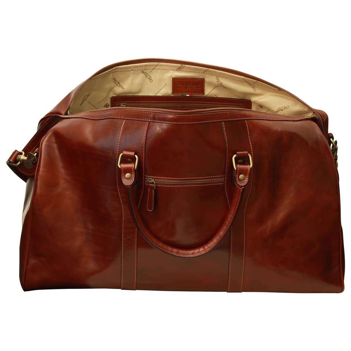 Italienische Leder Travel Bag Braun – geöffnet, Innenfutter sichtbar