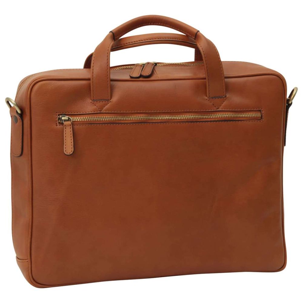 Italienische Leder Business Tasche Braun – Seitenansicht mit verstellbarem Schulterriemen und Reißverschlussfach