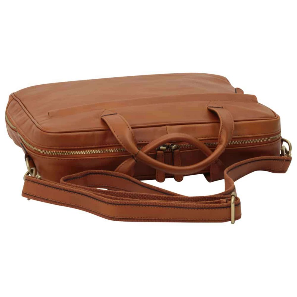 Italienische Leder Business Tasche Braun – Seitenansicht mit verstellbarem Schulterriemen und Reißverschlussfach