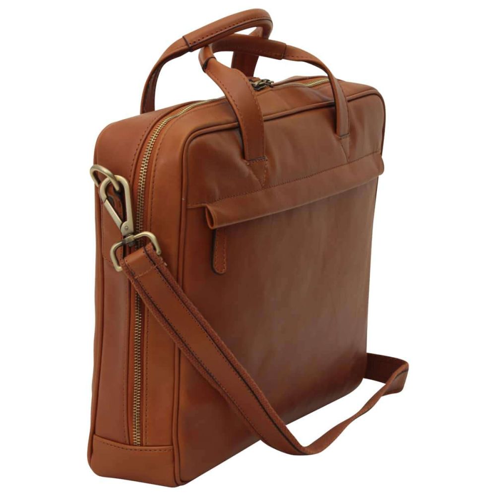 Leder Aktentasche Herren Colonial Braun – Old Angler, flach liegend mit sichtbarem Leder und Nähten
