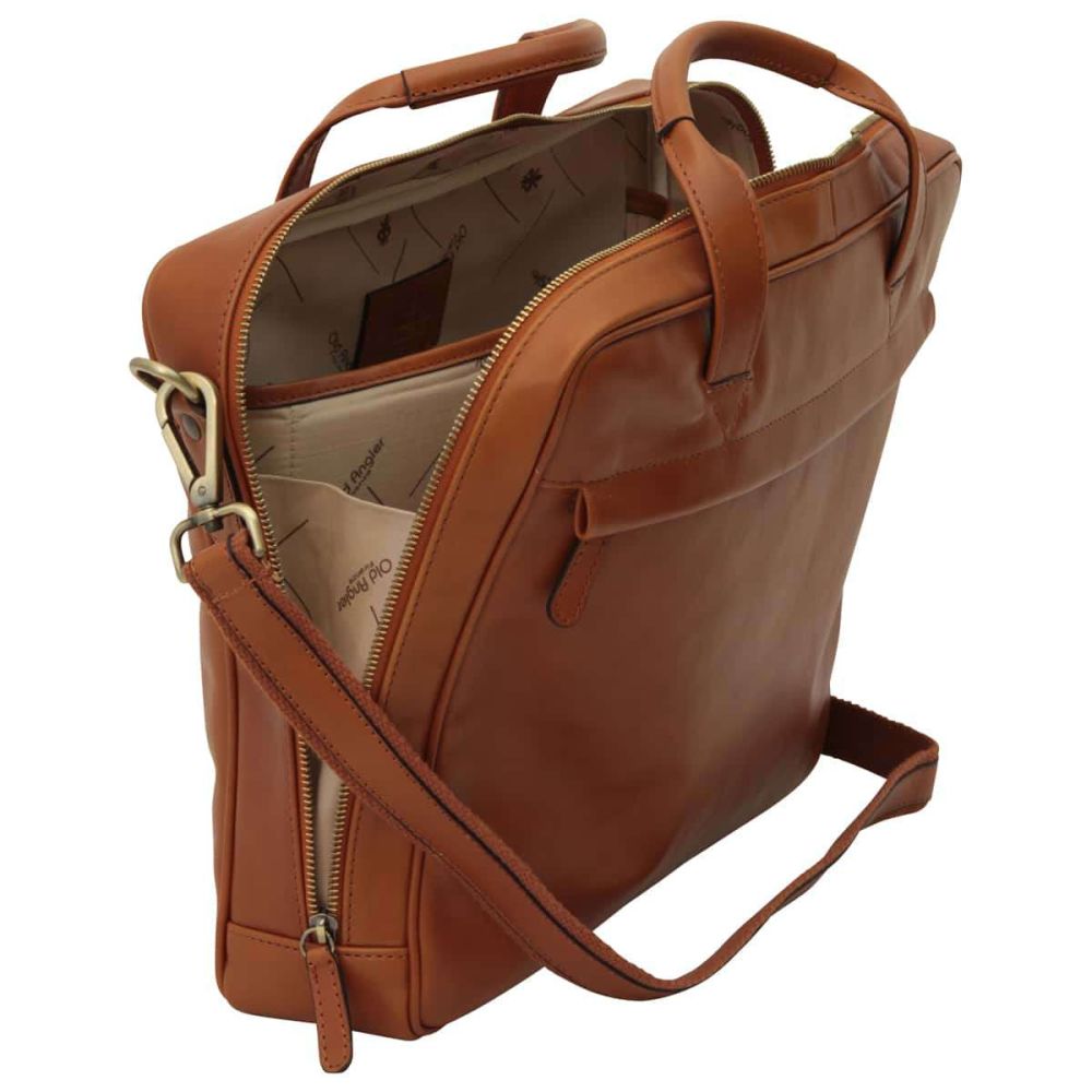 Italienische Leder Business Tasche Braun – Seitenansicht mit verstellbarem Schulterriemen und Reißverschlussfach