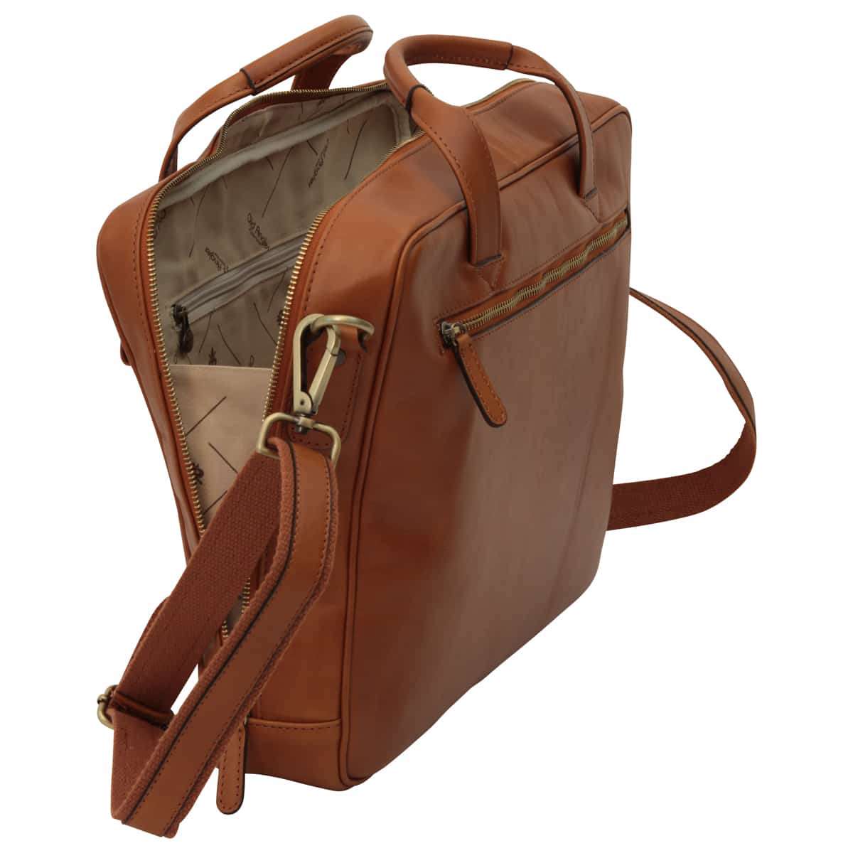 Leder Aktentasche Herren Colonial Braun – Old Angler, flach liegend mit sichtbarem Leder und Nähten