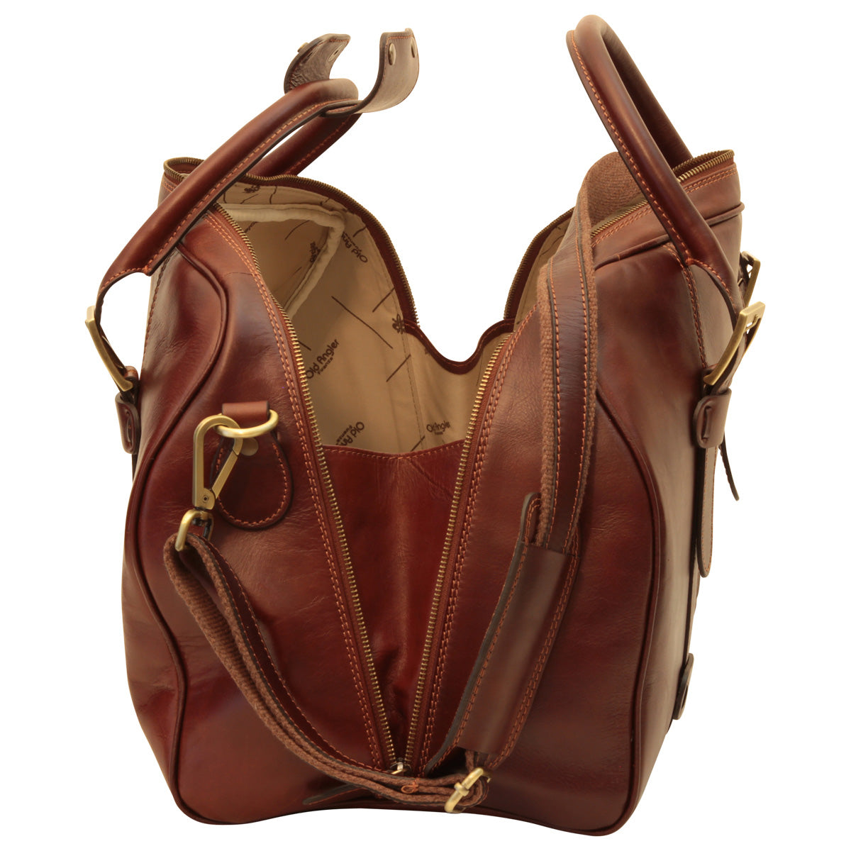 Leder Duffel Bag Herren Braun – geöffnet, Innenfutter sichtbar