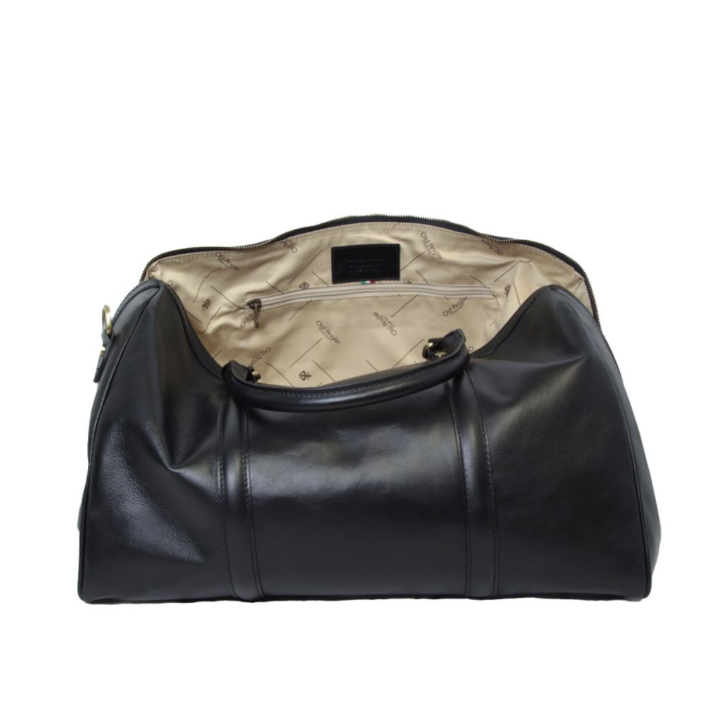 Italienische Weekender Tasche Schwarz – geöffnet mit Innenfach