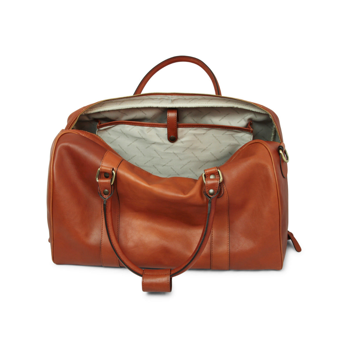 Leder Travel Bag Herren Braun – geöffnet, Innenfutter sichtbar