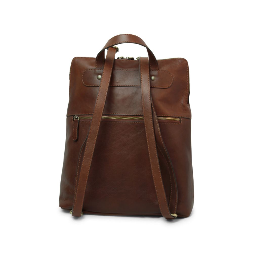 Handgefertigter Leder Rucksack Braun Chestnut – flach liegend mit Details