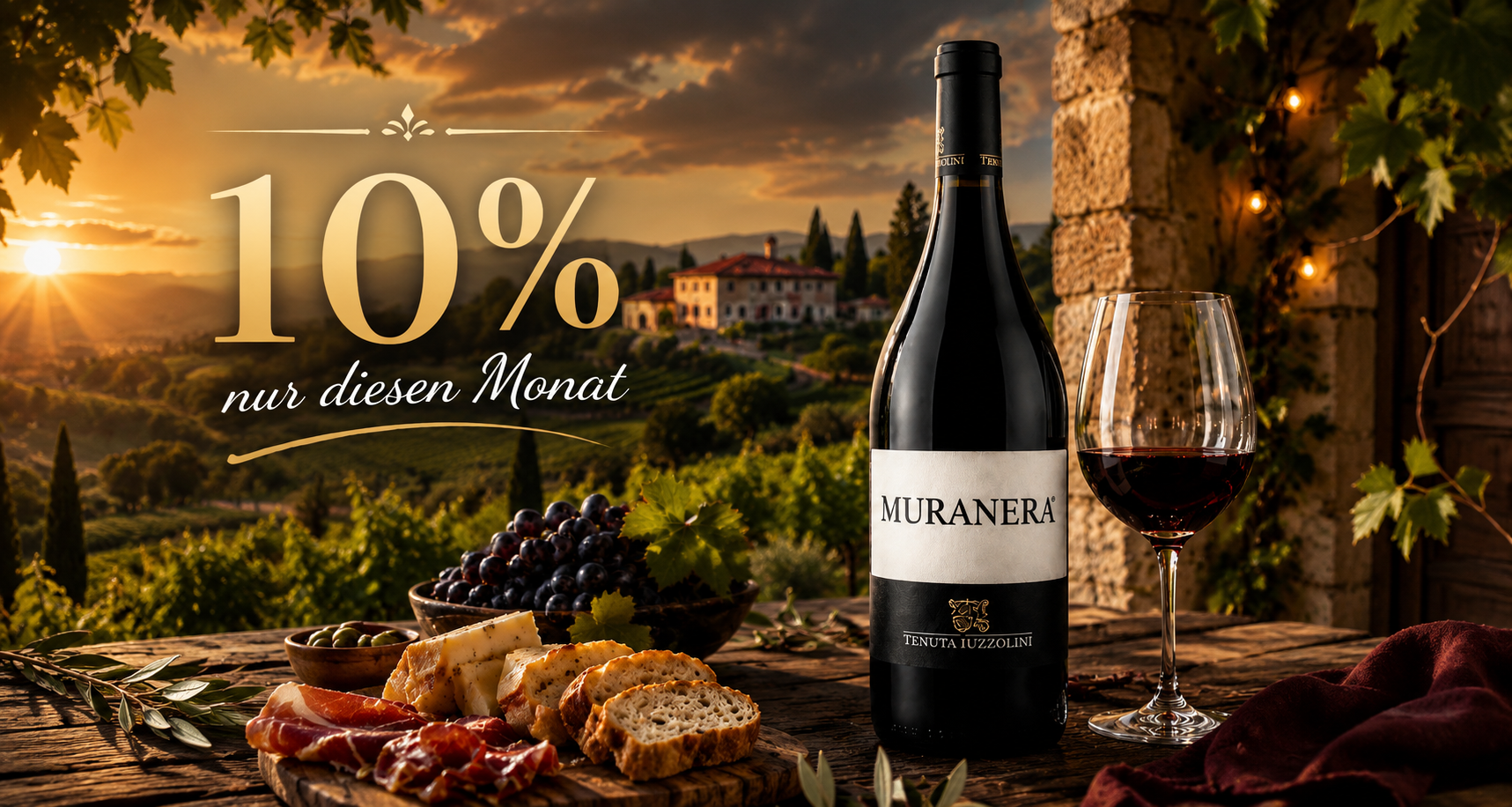 MURANERA Rotwein Tenuta Iuzzolini aus Kalabrien mit Rotweinglas in italienischer Weinlandschaft – Premium Rotwein online kaufen bei Bella Italia Store