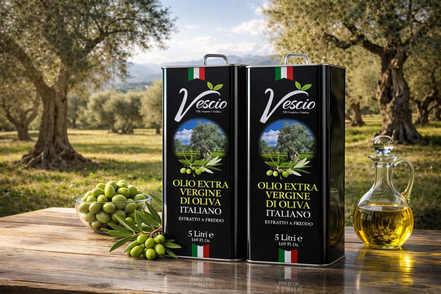 Italienisches Olivenöl extra vergine in Metallkanistern mit frischen Oliven auf einem Tisch im Olivenhain