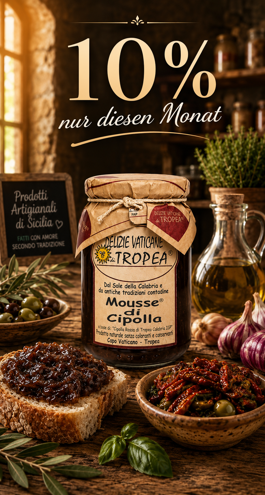 Rustikales Banner mit Mousse di Cipolla aus Tropea, italienischen Delikatessen und 10 % Preisvorteil nur diesen Monat bei Bella Italia Store.