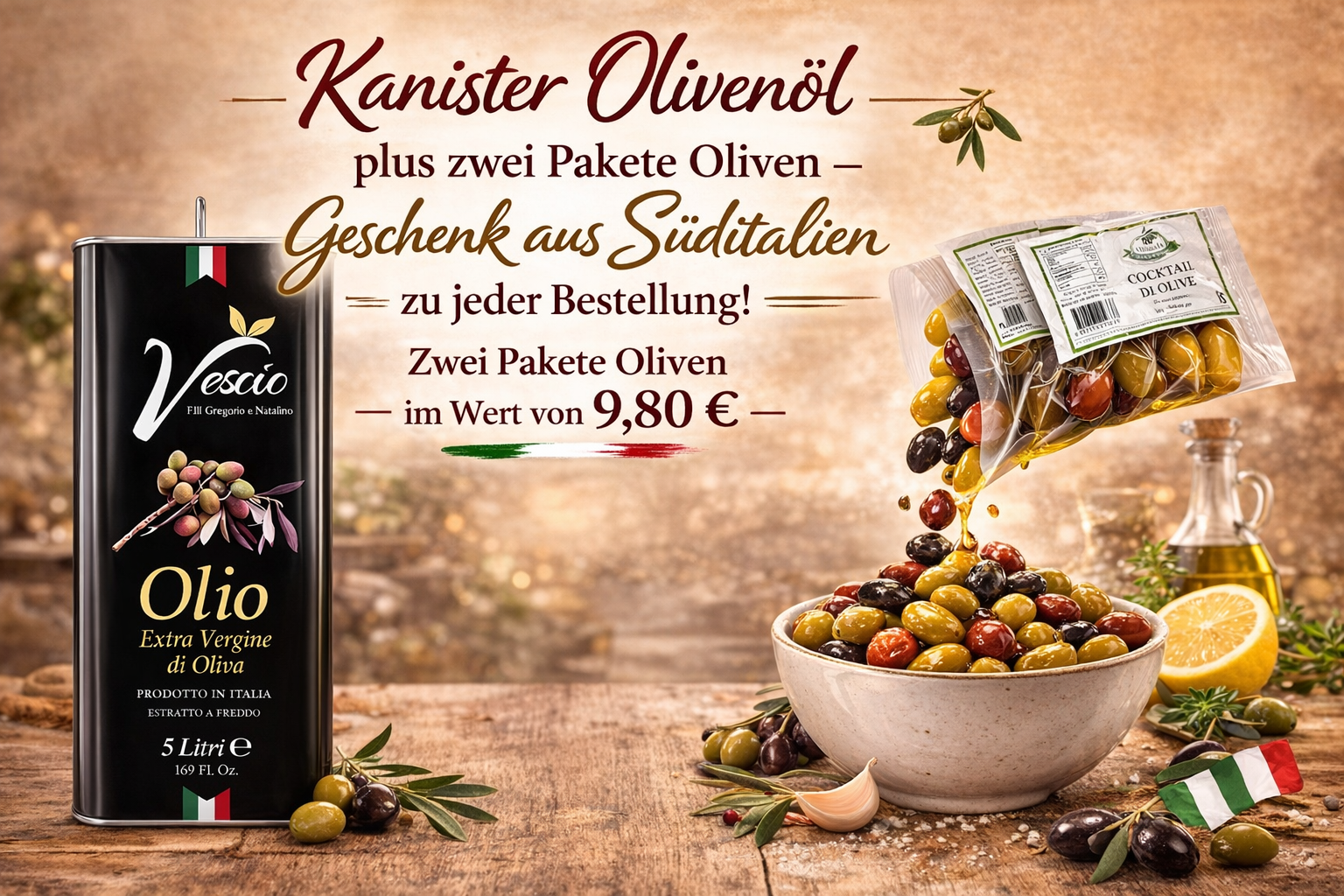 kaltgepresstes Olivenöl 5L im 5 Liter Metallkanister mit mediterraner Olivenpräsentation