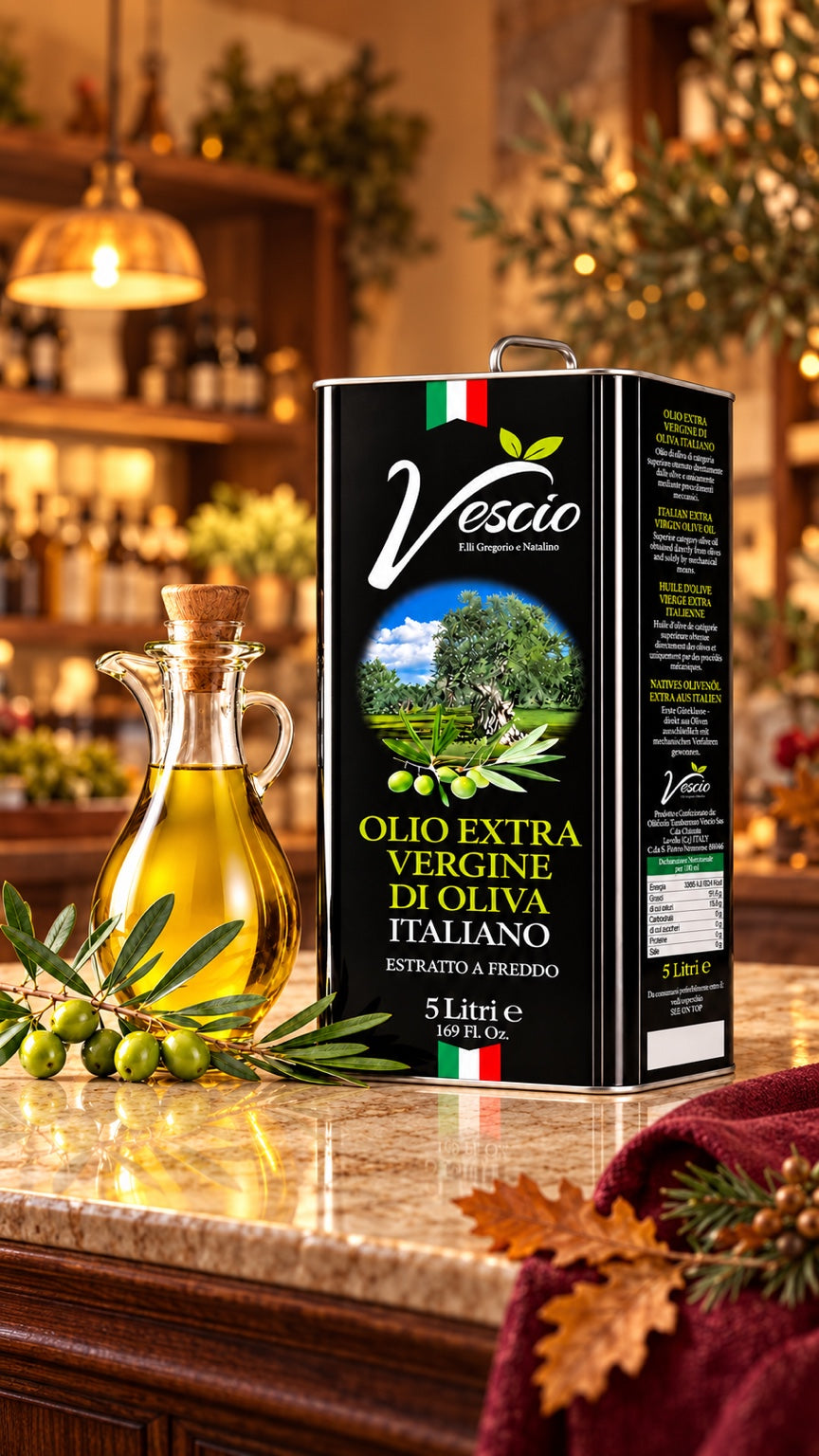 Vescio Olivenöl Extra Vergine, 5-Liter-Kanister mit Oliven und Ölkaraffe in warmer italienischer Atmosphäre