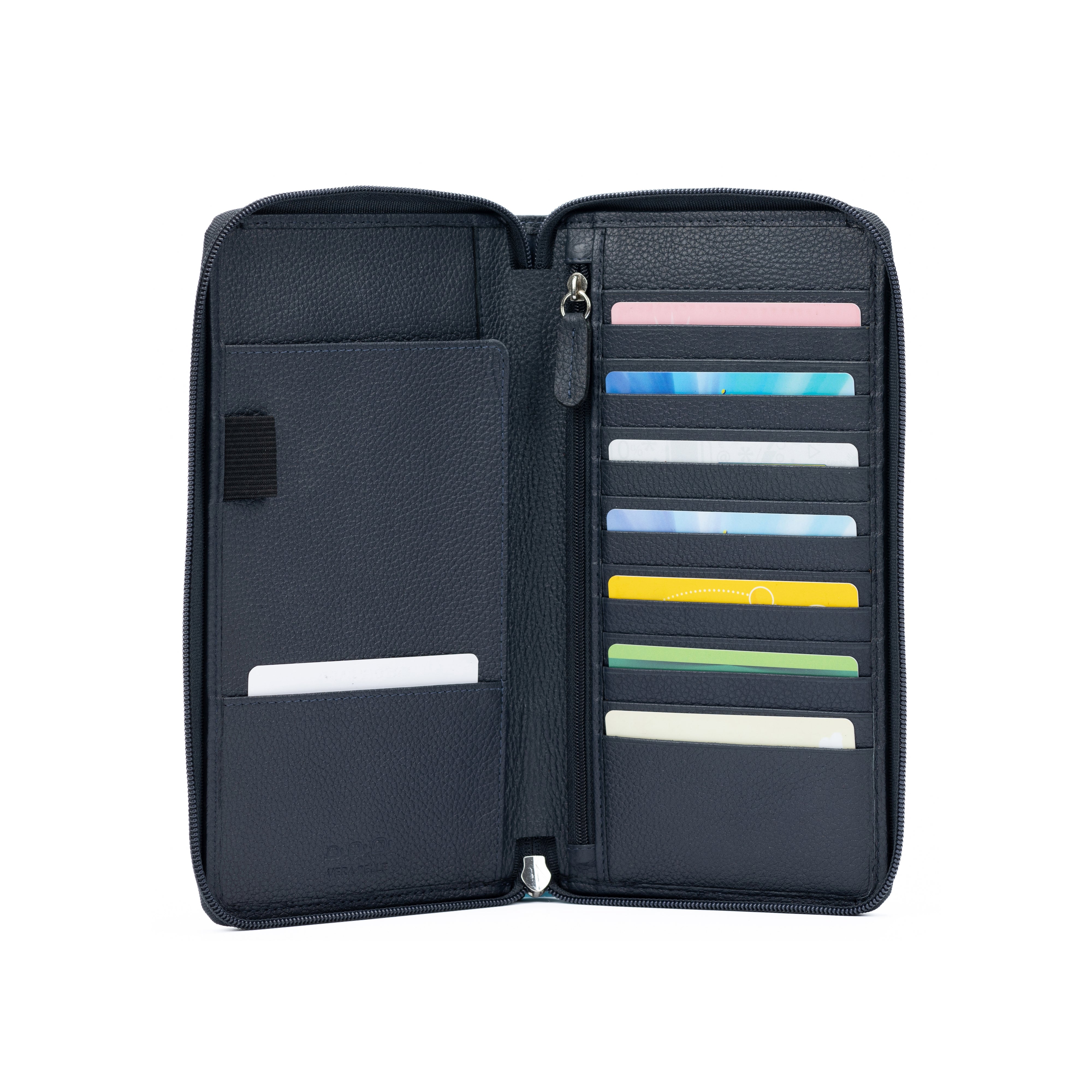 Italienische Leder Reisebrieftasche Blau – Innenansicht mit Kartenfächern und Reißverschlussfach, handgemacht in Italien