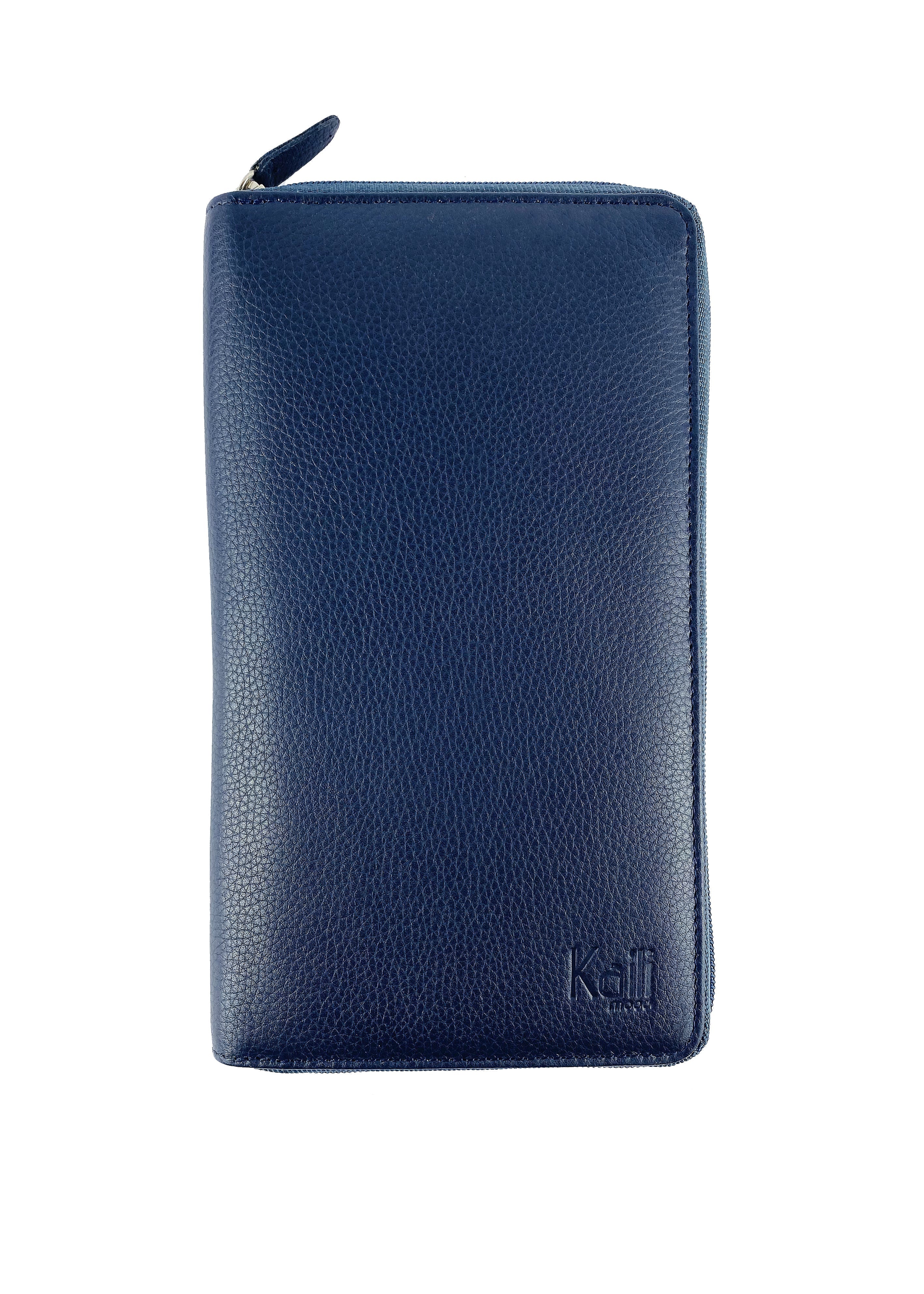 Italienische Leder Reisebrieftasche Blau – Innenansicht mit Kartenfächern und Reißverschlussfach, handgemacht in Italien