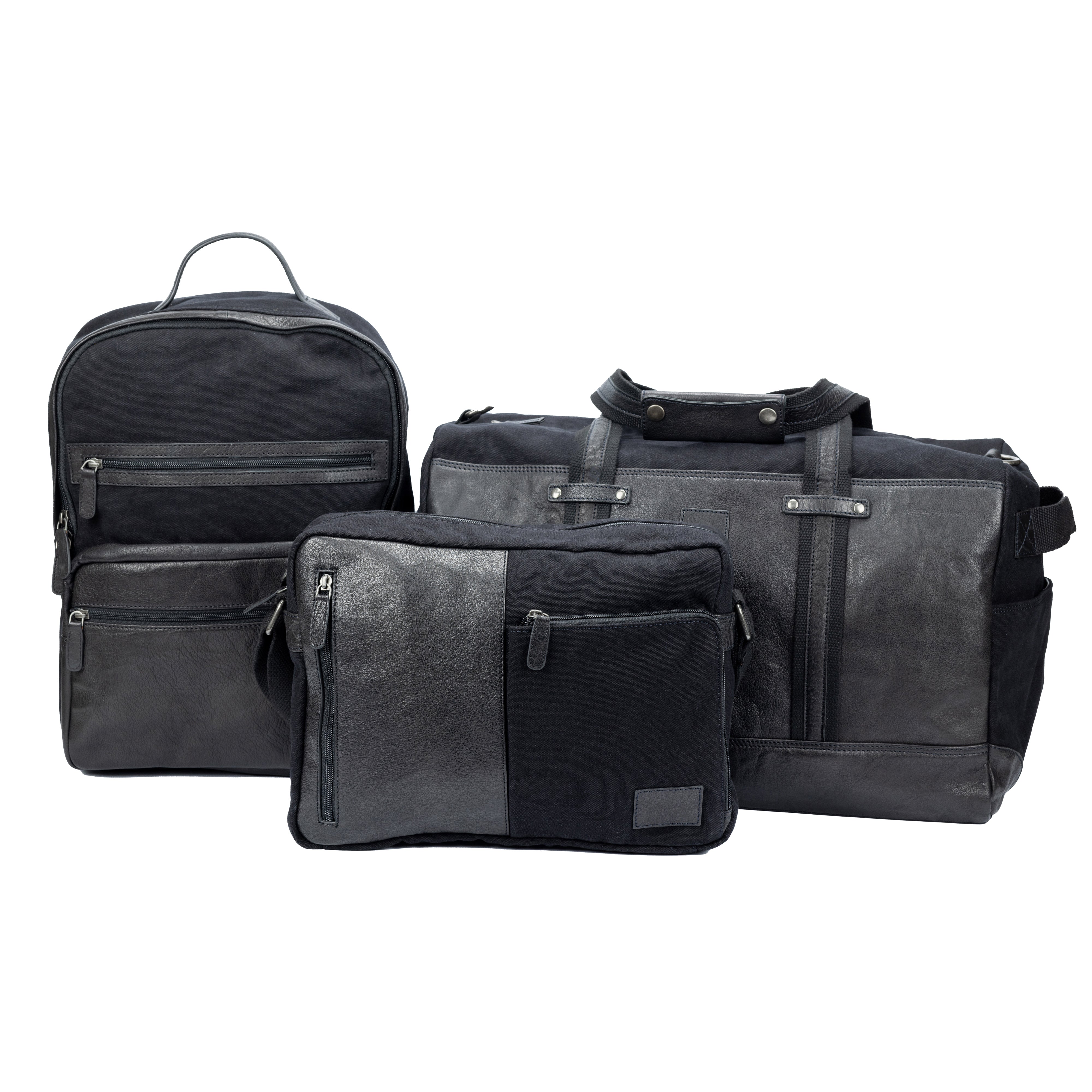 Set italienische Reiseaccessoires mit schwarzer Canvas Leder Tasche