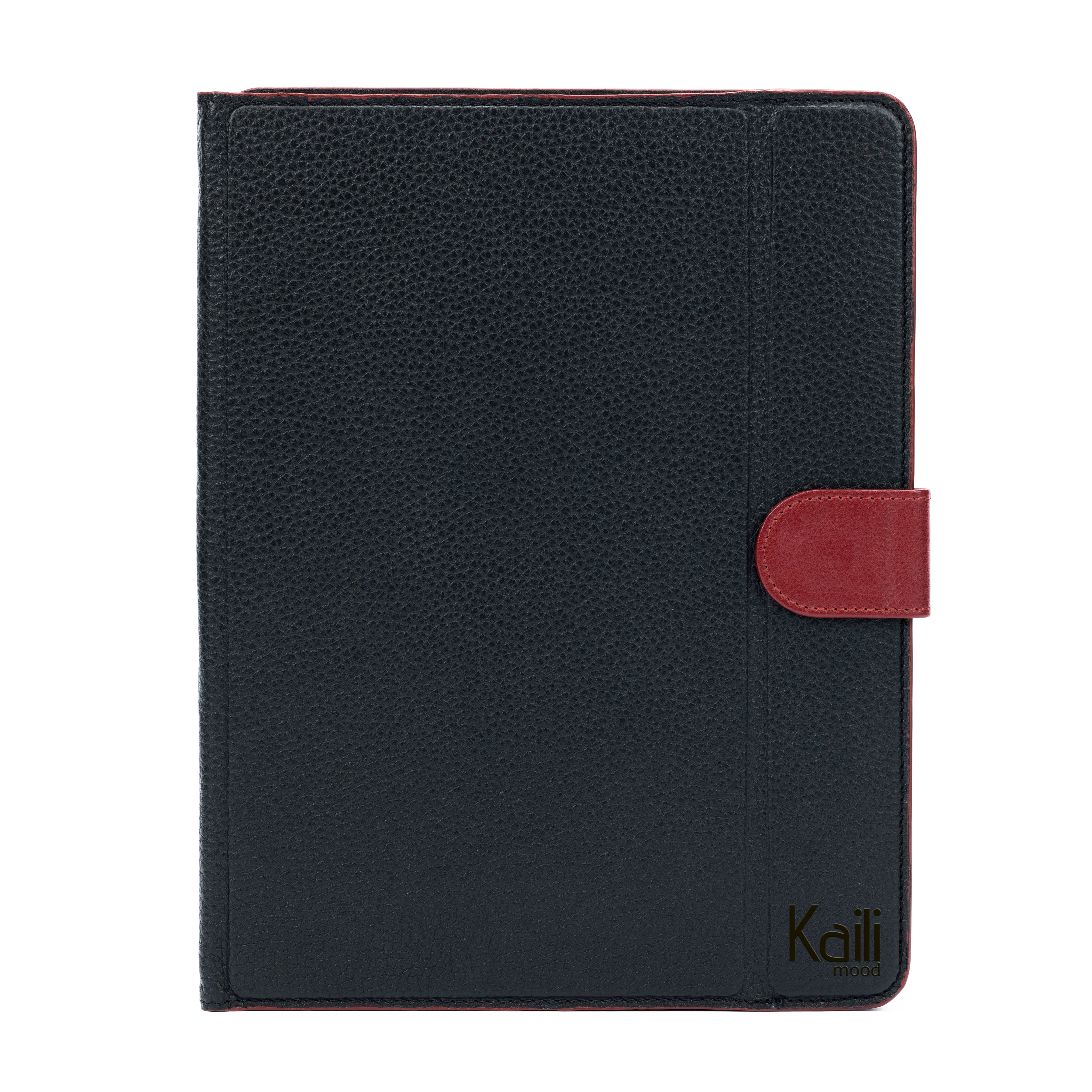 Italienische Tablet Hülle Leder schwarz mit roten Kanten, handgefertigte Tablet Tasche Echtleder Italien, kompatibel 8–10 Zoll, elegantes Design