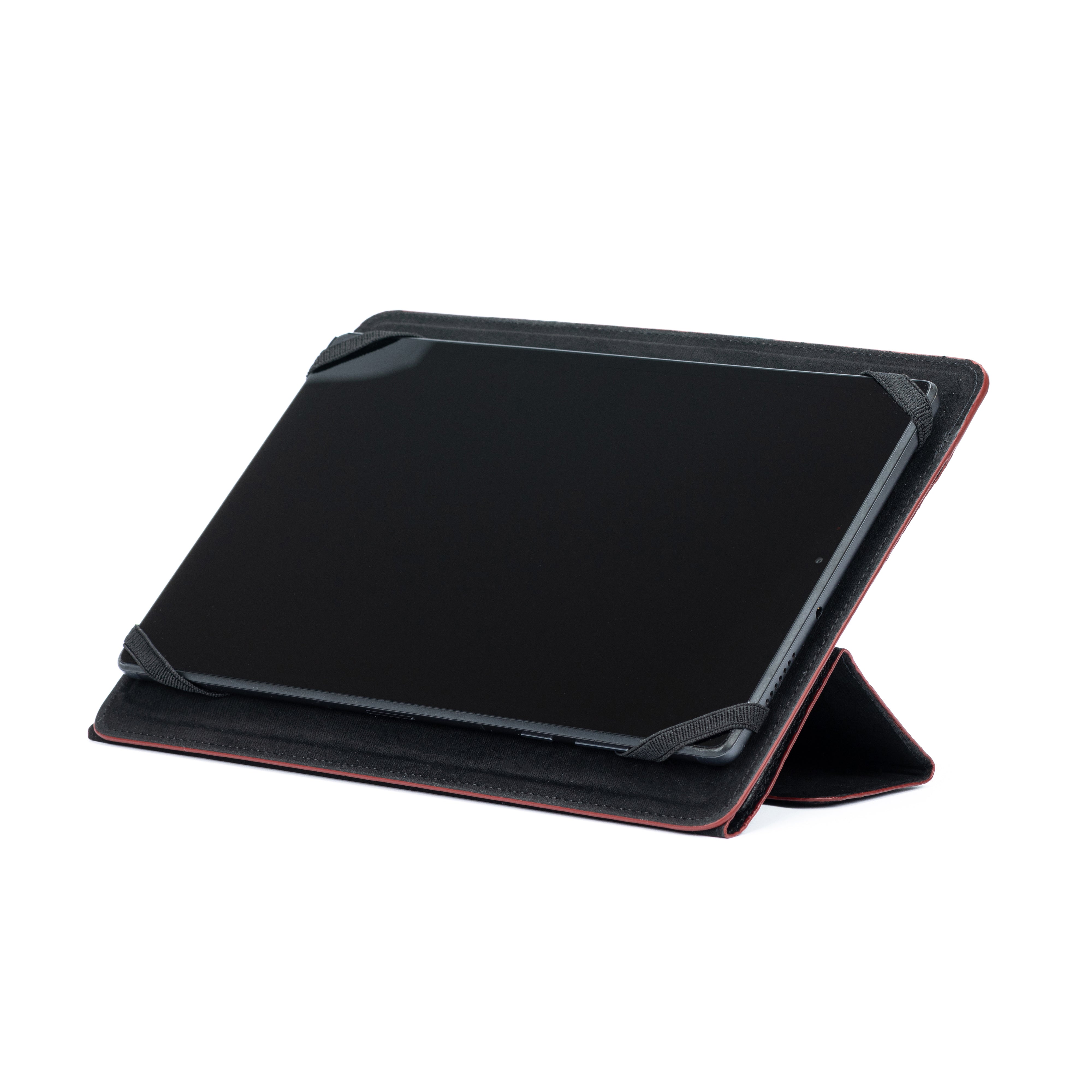 Italienische Tablet Hülle Leder schwarz mit roten Kanten, handgefertigte Tablet Tasche Echtleder Italien, kompatibel 8–10 Zoll, elegantes Design