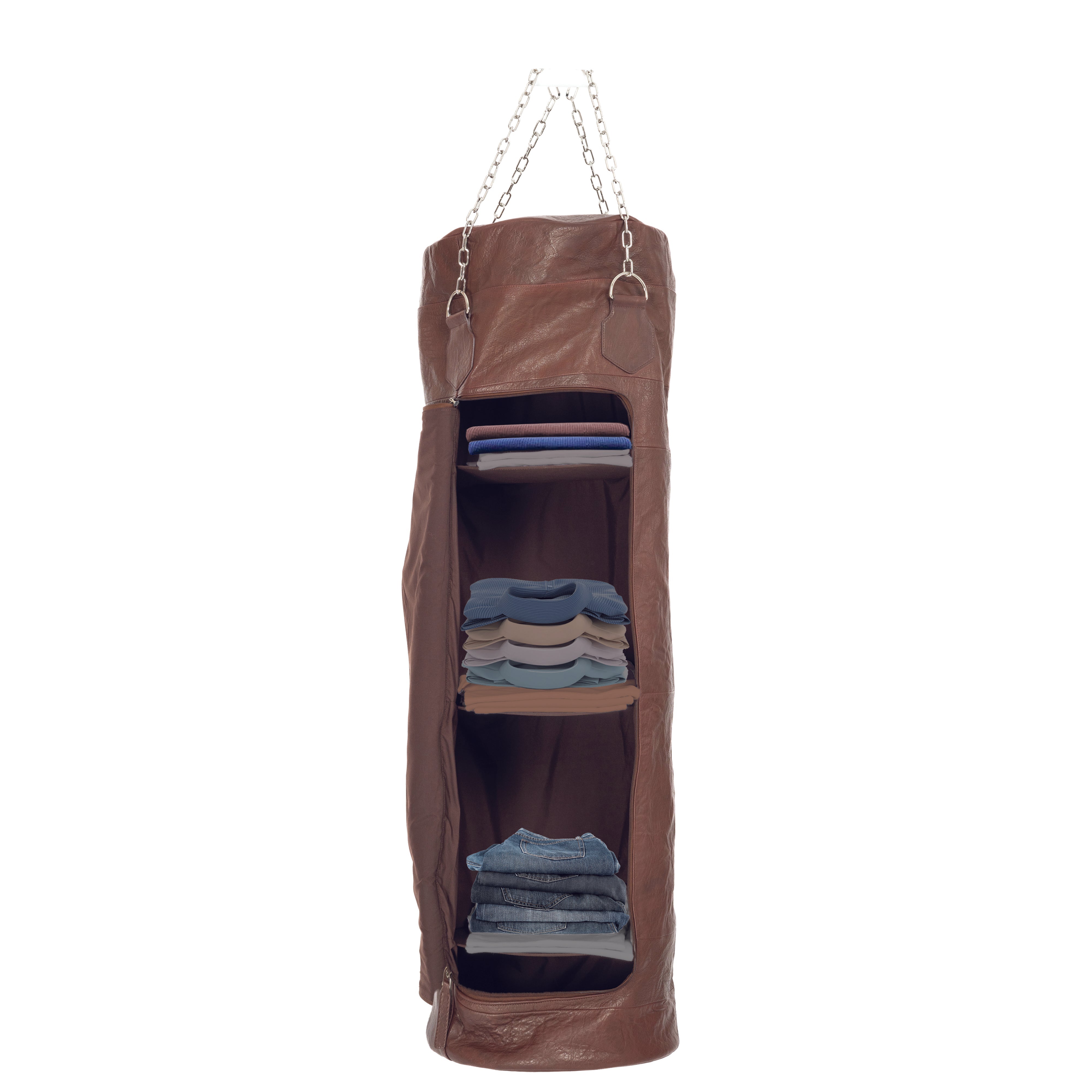 Boxsack Aufbewahrung aus Leder im Farbton Testa Moro – handgefertigt in Italien, luxuriöses Designstück als dekoratives Möbel im Wohnzimmer.