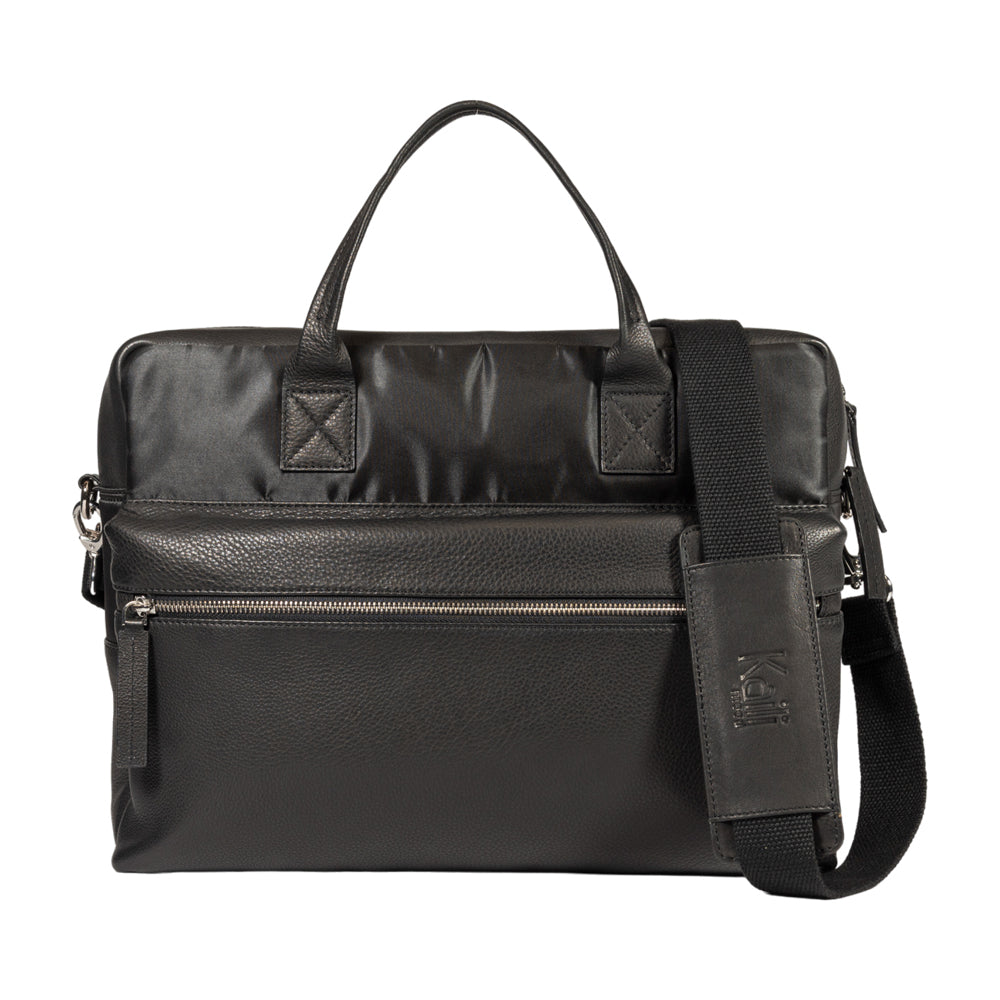 Italienische Aktentasche Leder schwarz, Business Tasche Herren aus Nylon und Echtleder, elegante Laptop Tasche Made in Italy mit Schulterriemen