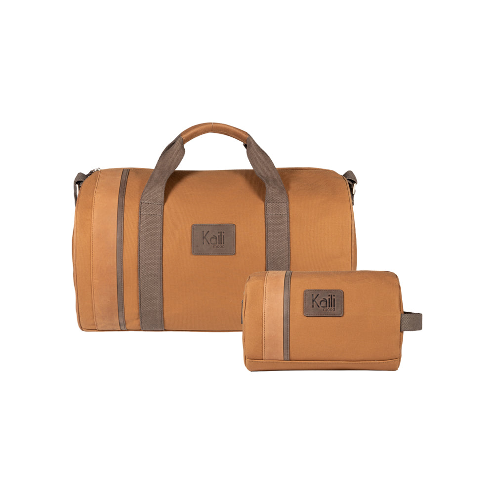 Italienische Reisetasche Leder Herren mit passendem Kulturbeutel, Weekender Tasche aus Canvas und Echtleder, braunes Reiseset 45x25x28 cm