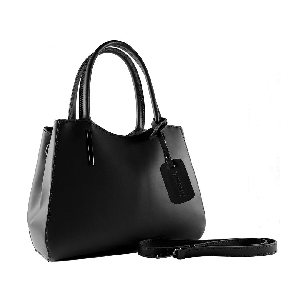 Italienische Damen Handtasche aus schwarzem Leder – elegante Henkeltasche, handgefertigt in Italien mit abnehmbarem Schulterriemen.