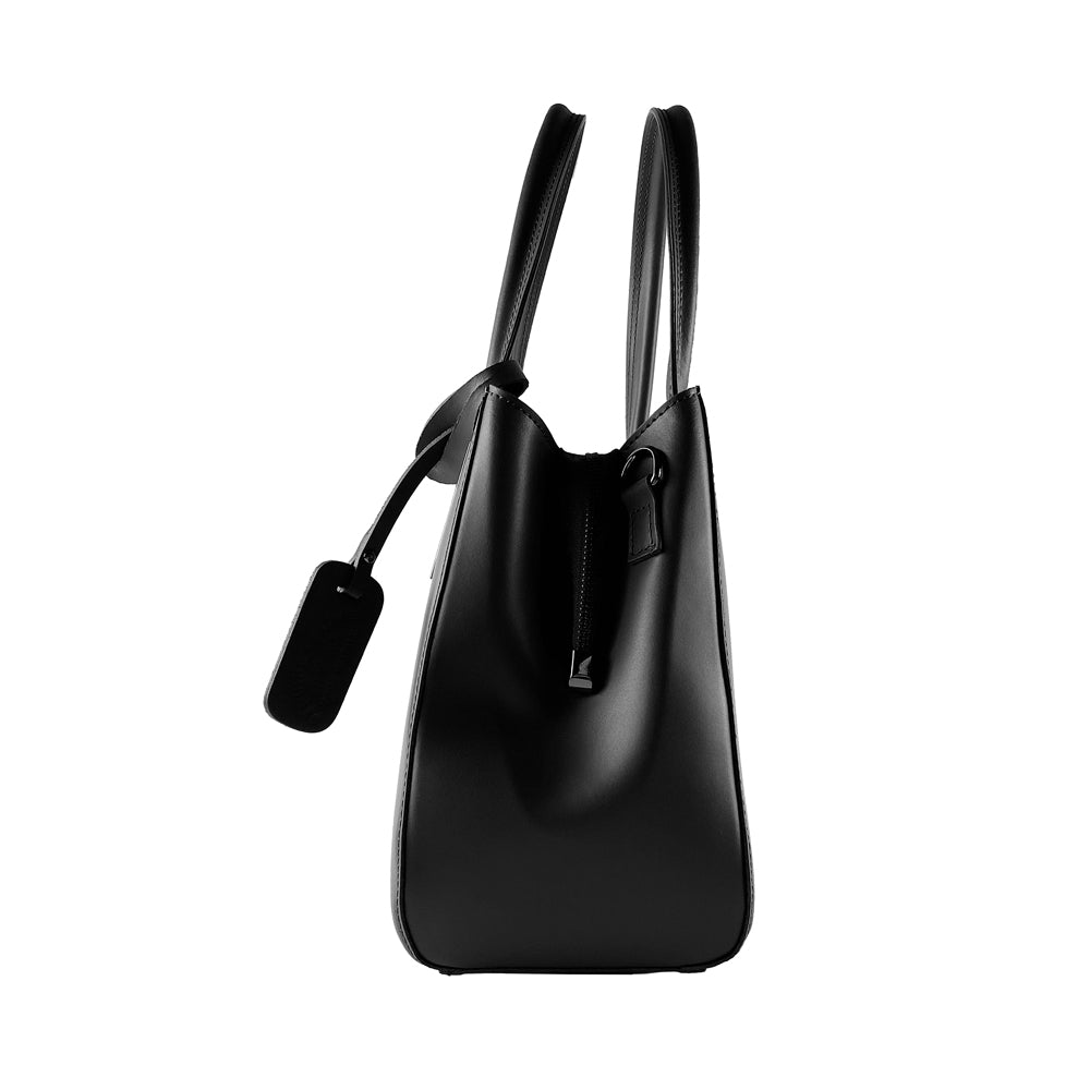 Italienische Damen Handtasche aus schwarzem Leder – elegante Henkeltasche, handgefertigt in Italien mit abnehmbarem Schulterriemen.