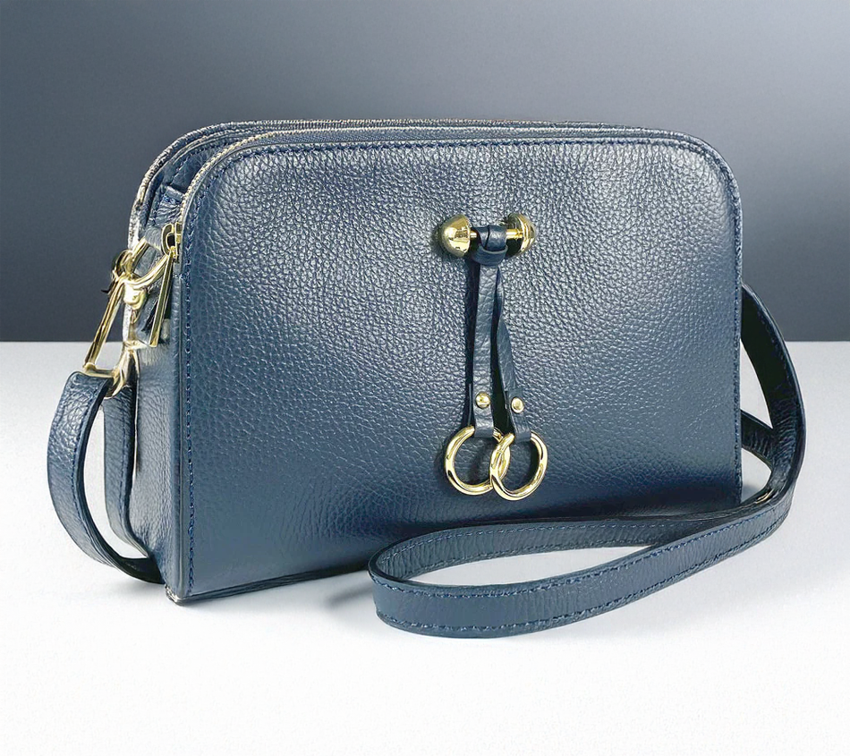 Italienische Damen Umhängetasche aus blauem Echtleder mit goldenen Details – Made in Italy, elegante Handtasche für Alltag und Abend