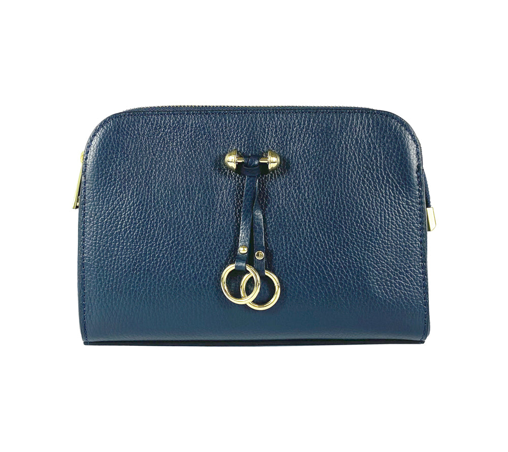 Italienische Damen Umhängetasche aus blauem Echtleder mit goldenen Details – Made in Italy, elegante Handtasche für Alltag und Abend