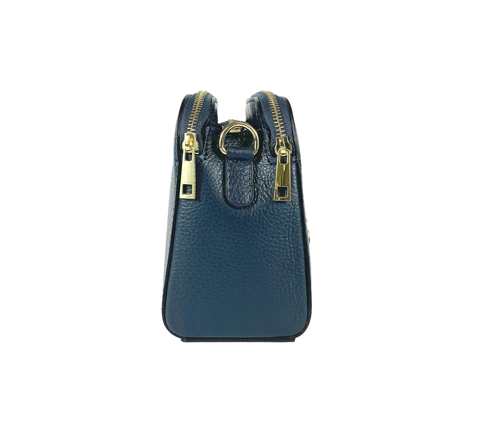 Italienische Damen Umhängetasche aus blauem Echtleder mit goldenen Details – Made in Italy, elegante Handtasche für Alltag und Abend