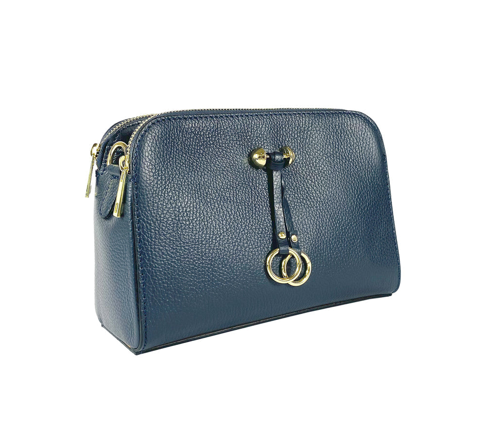 Italienische Damen Umhängetasche aus blauem Echtleder mit goldenen Details – Made in Italy, elegante Handtasche für Alltag und Abend