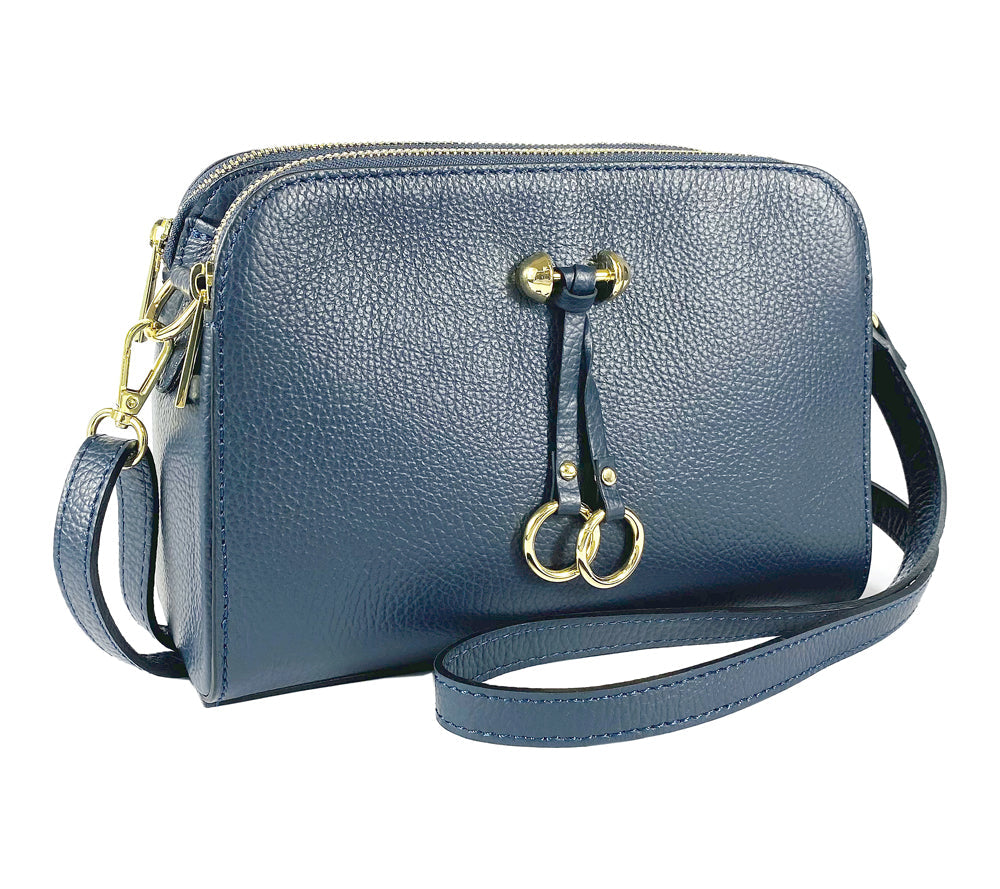 Italienische Damen Umhängetasche aus blauem Echtleder mit goldenen Details – Made in Italy, elegante Handtasche für Alltag und Abend