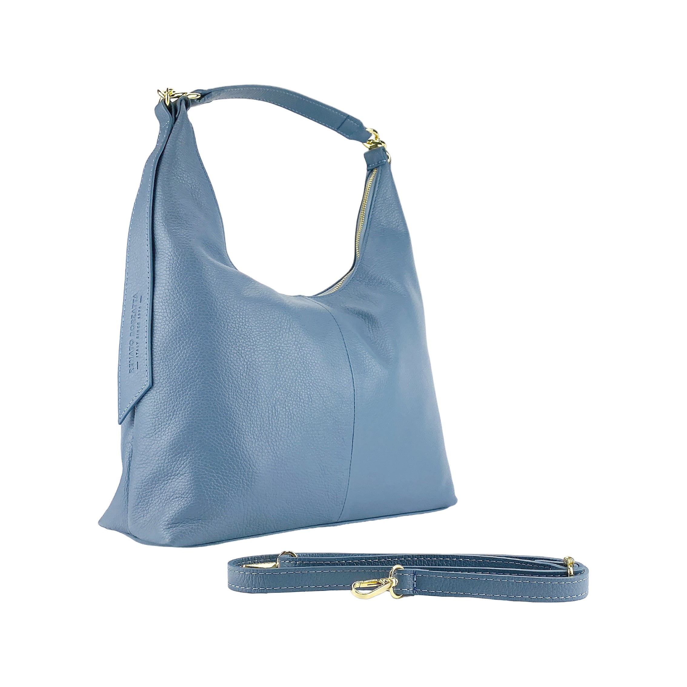 RB1017P | Women's Soft Shoulder Bag in Genuine Leather Made in Italy with Removable Shoulder Strap. Attachments with Shiny Gold Metal Snap Hooks - Color: Air Force Blue - Dimensions: 36 x 40 x 13 cm-0