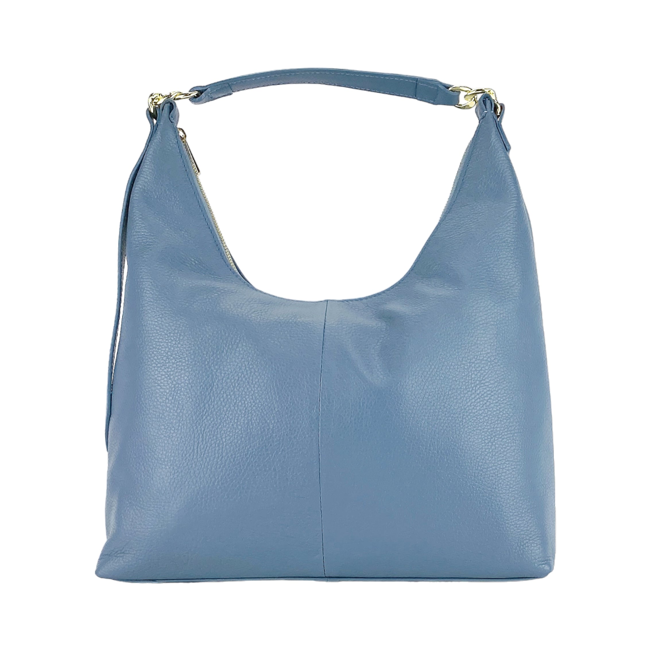 RB1017P | Women's Soft Shoulder Bag in Genuine Leather Made in Italy with Removable Shoulder Strap. Attachments with Shiny Gold Metal Snap Hooks - Color: Air Force Blue - Dimensions: 36 x 40 x 13 cm-1