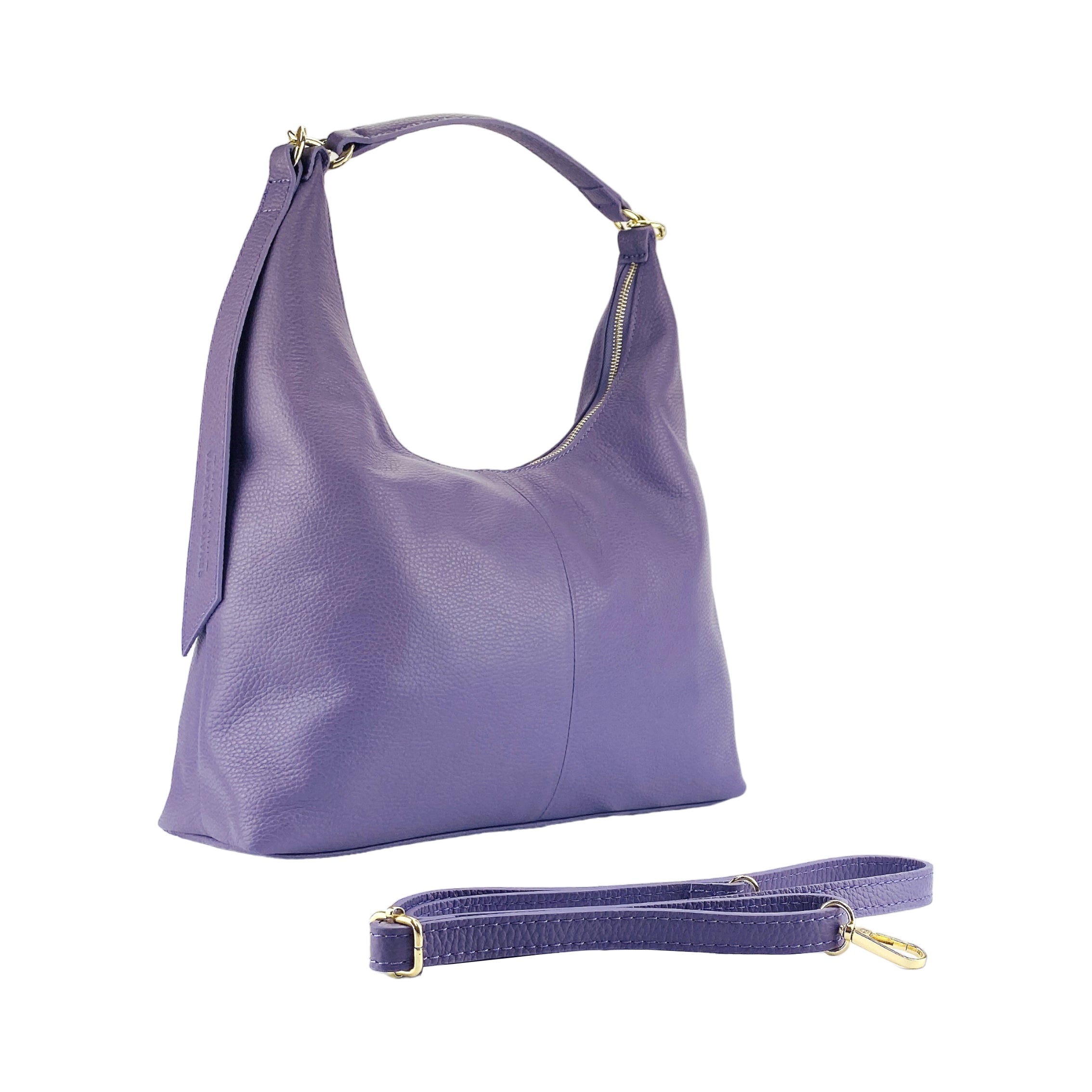 RB1017Y | Women's Soft Shoulder Bag in Genuine Leather Made in Italy with Removable Shoulder Strap. Attachments with Shiny Gold Metal Snap Hooks - Color: Purple - Dimensions: 36 x 40 x 13 cm-0