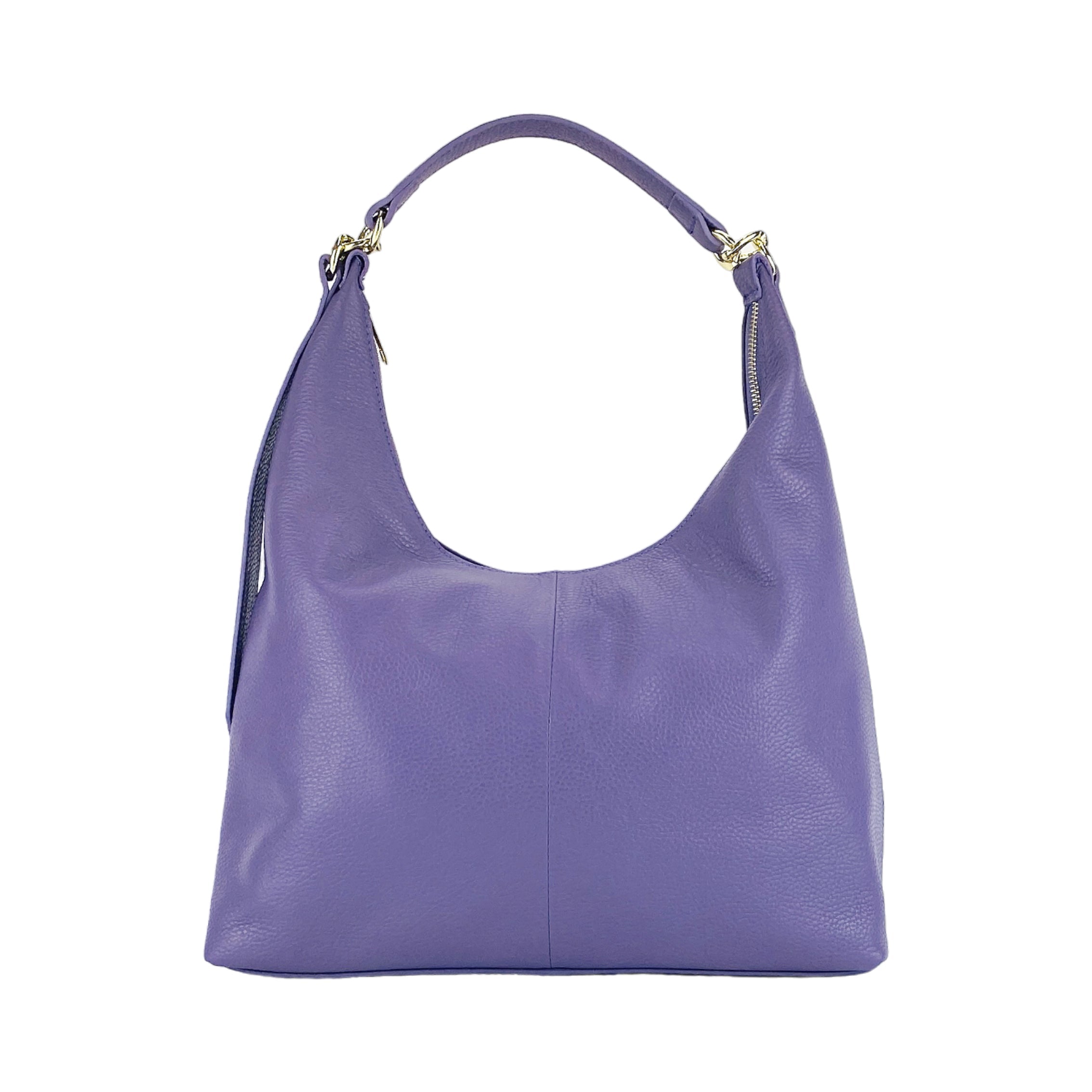 RB1017Y | Women's Soft Shoulder Bag in Genuine Leather Made in Italy with Removable Shoulder Strap. Attachments with Shiny Gold Metal Snap Hooks - Color: Purple - Dimensions: 36 x 40 x 13 cm-1