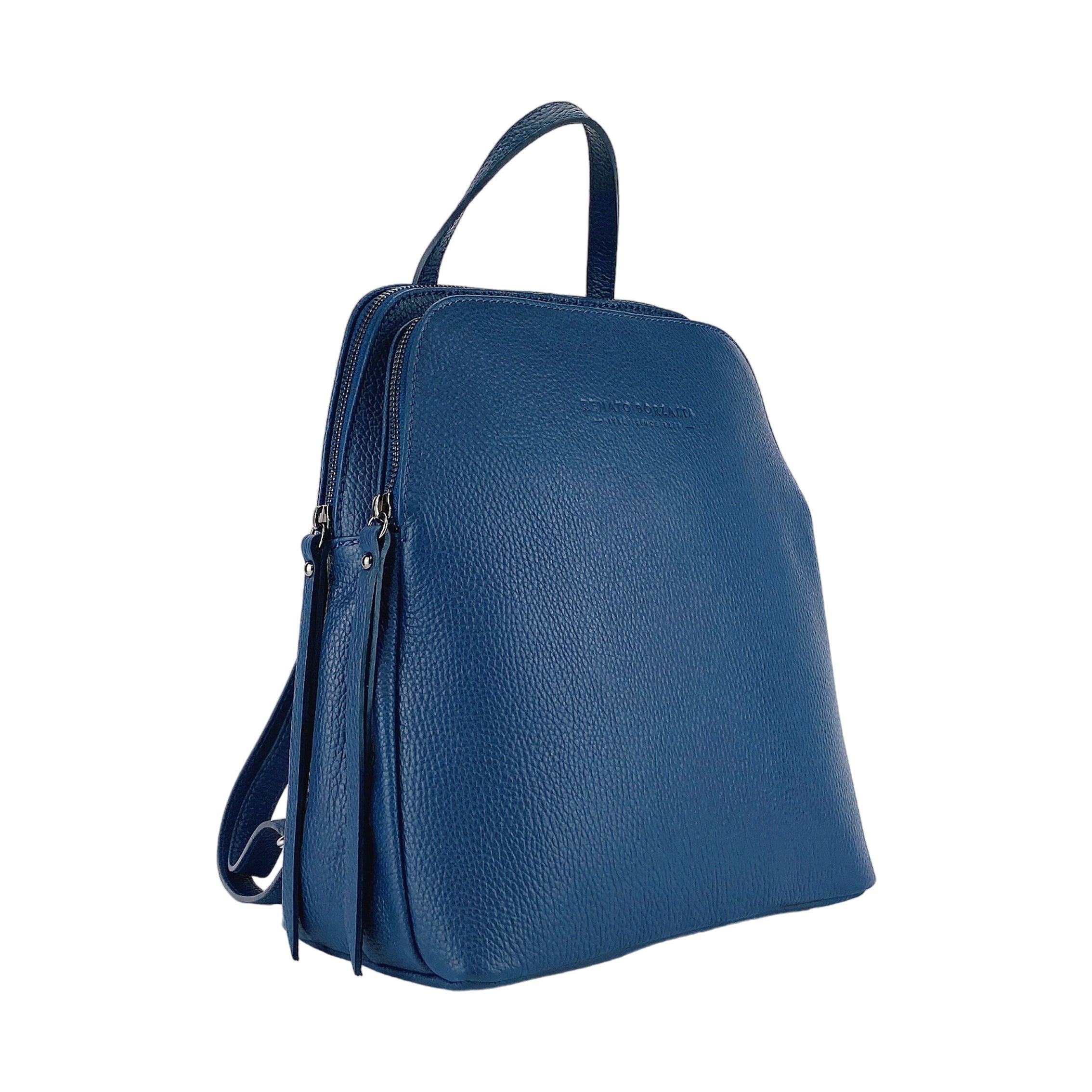 Italienischer Damen Leder Rucksack in Blau – eleganter City Rucksack mit zwei Fächern, verstellbaren Schulterriemen und robustem Reißverschluss, handgefertigt in Italien.