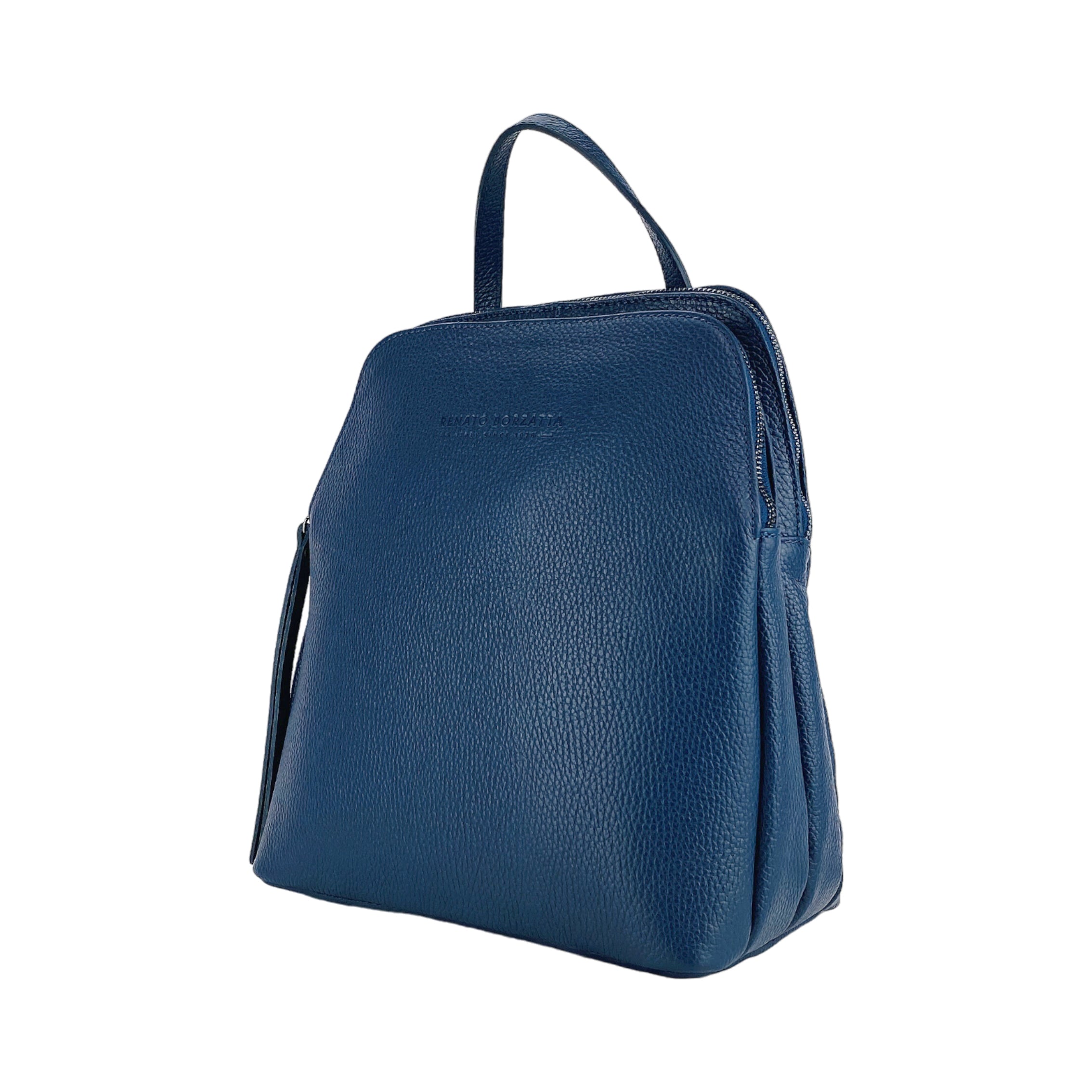 Italienischer Damen Leder Rucksack in Blau – eleganter City Rucksack mit zwei Fächern, verstellbaren Schulterriemen und robustem Reißverschluss, handgefertigt in Italien.