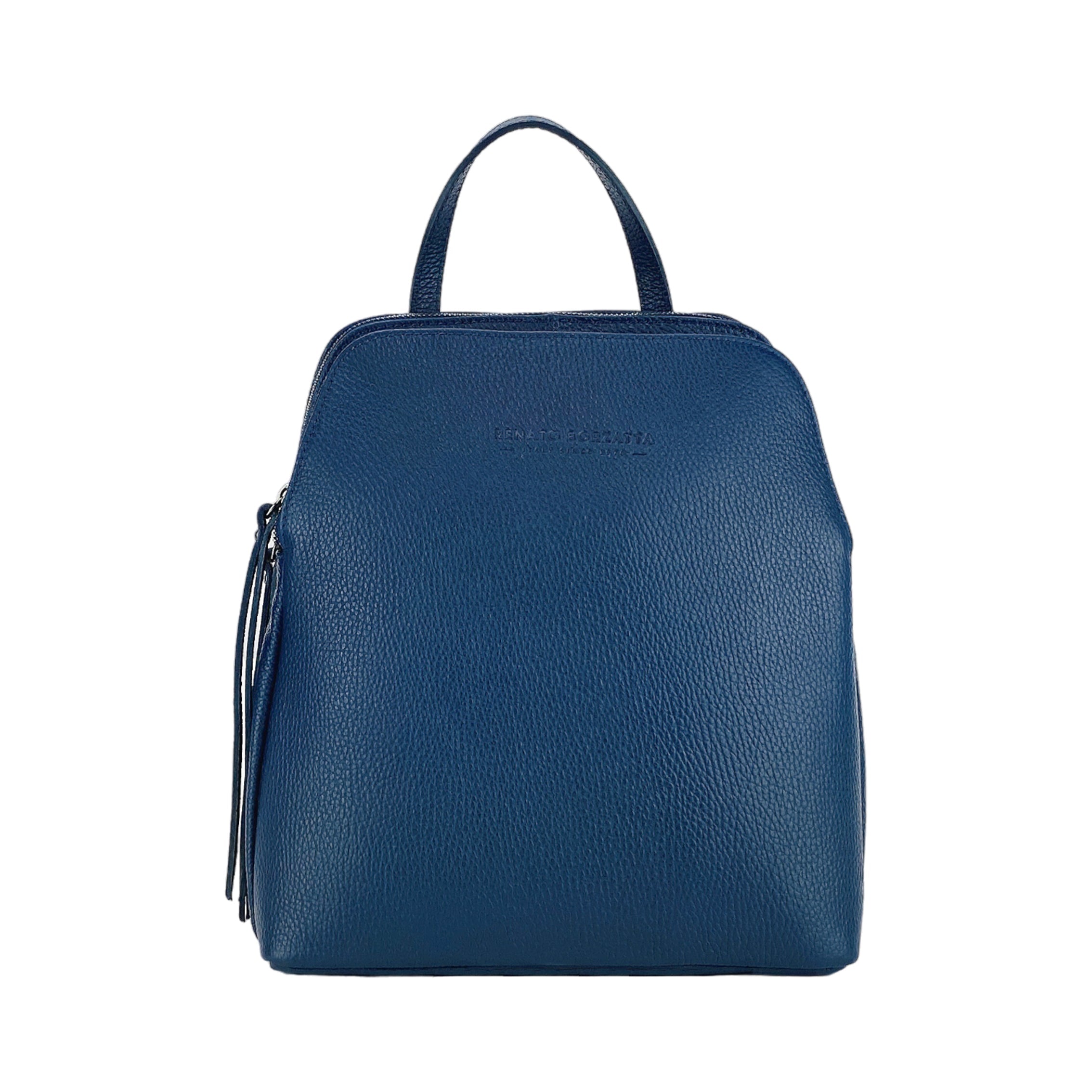 Italienischer Damen Leder Rucksack in Blau – eleganter City Rucksack mit zwei Fächern, verstellbaren Schulterriemen und robustem Reißverschluss, handgefertigt in Italien.