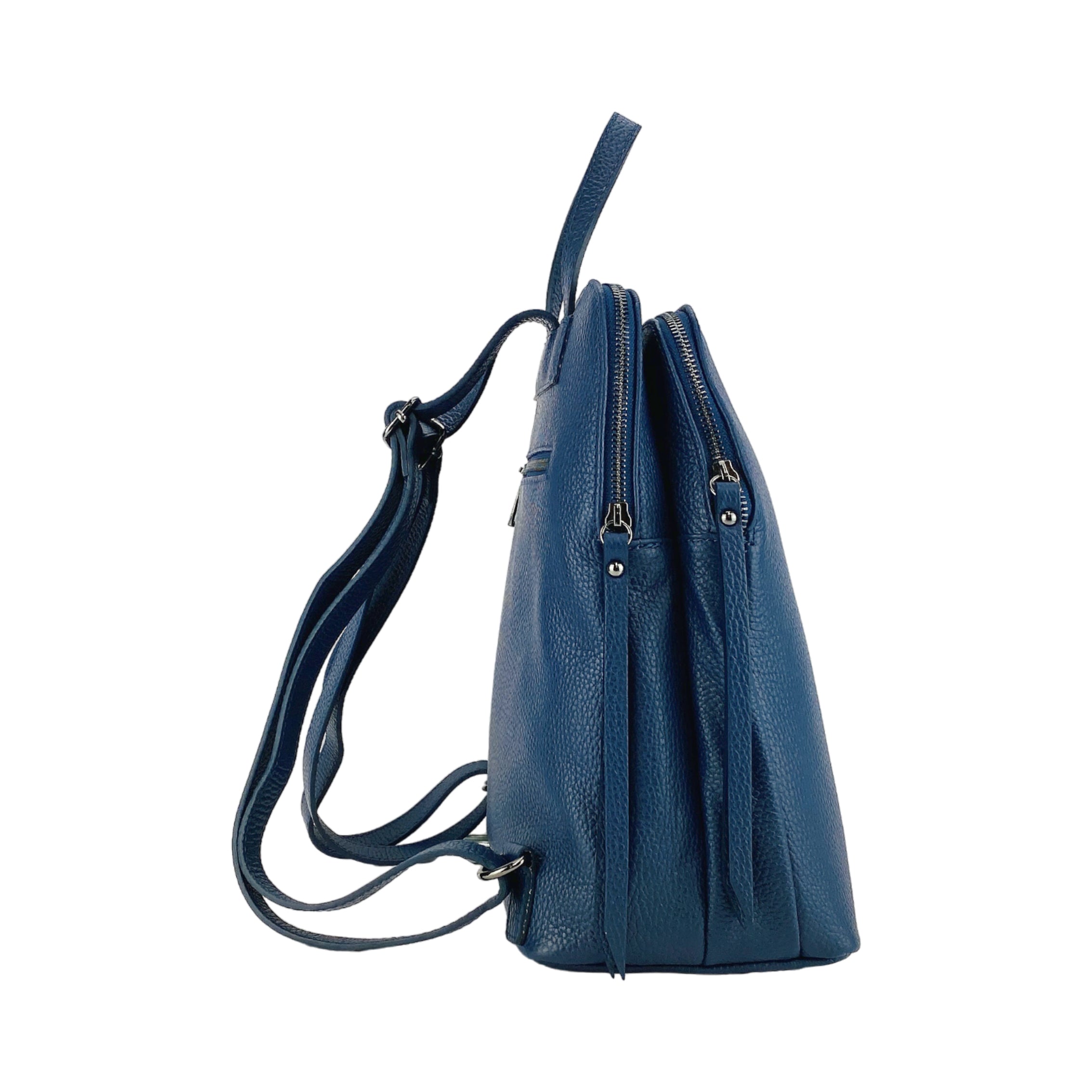 Italienischer Damen Leder Rucksack in Blau – eleganter City Rucksack mit zwei Fächern, verstellbaren Schulterriemen und robustem Reißverschluss, handgefertigt in Italien.
