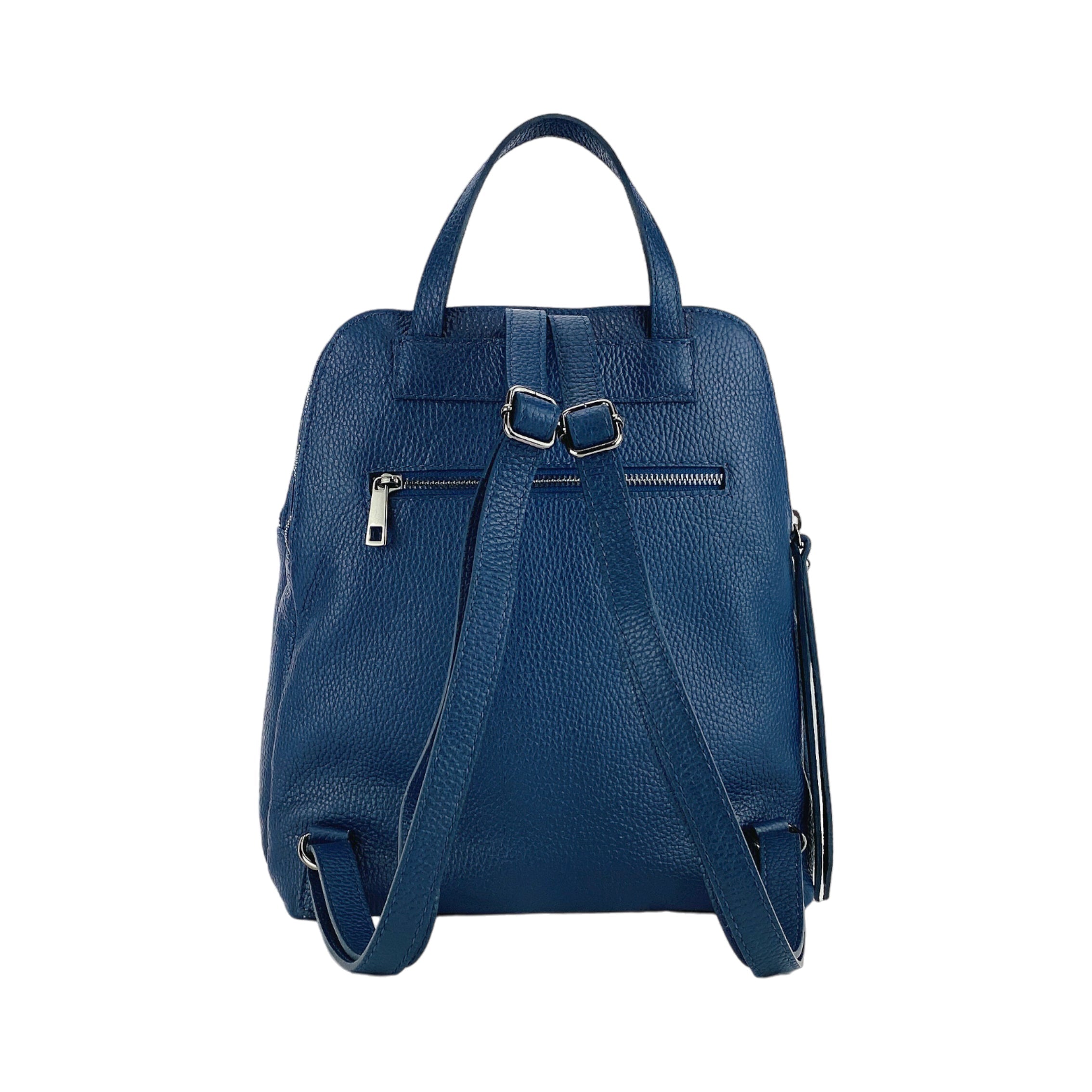 Italienischer Damen Leder Rucksack in Blau – eleganter City Rucksack mit zwei Fächern, verstellbaren Schulterriemen und robustem Reißverschluss, handgefertigt in Italien.