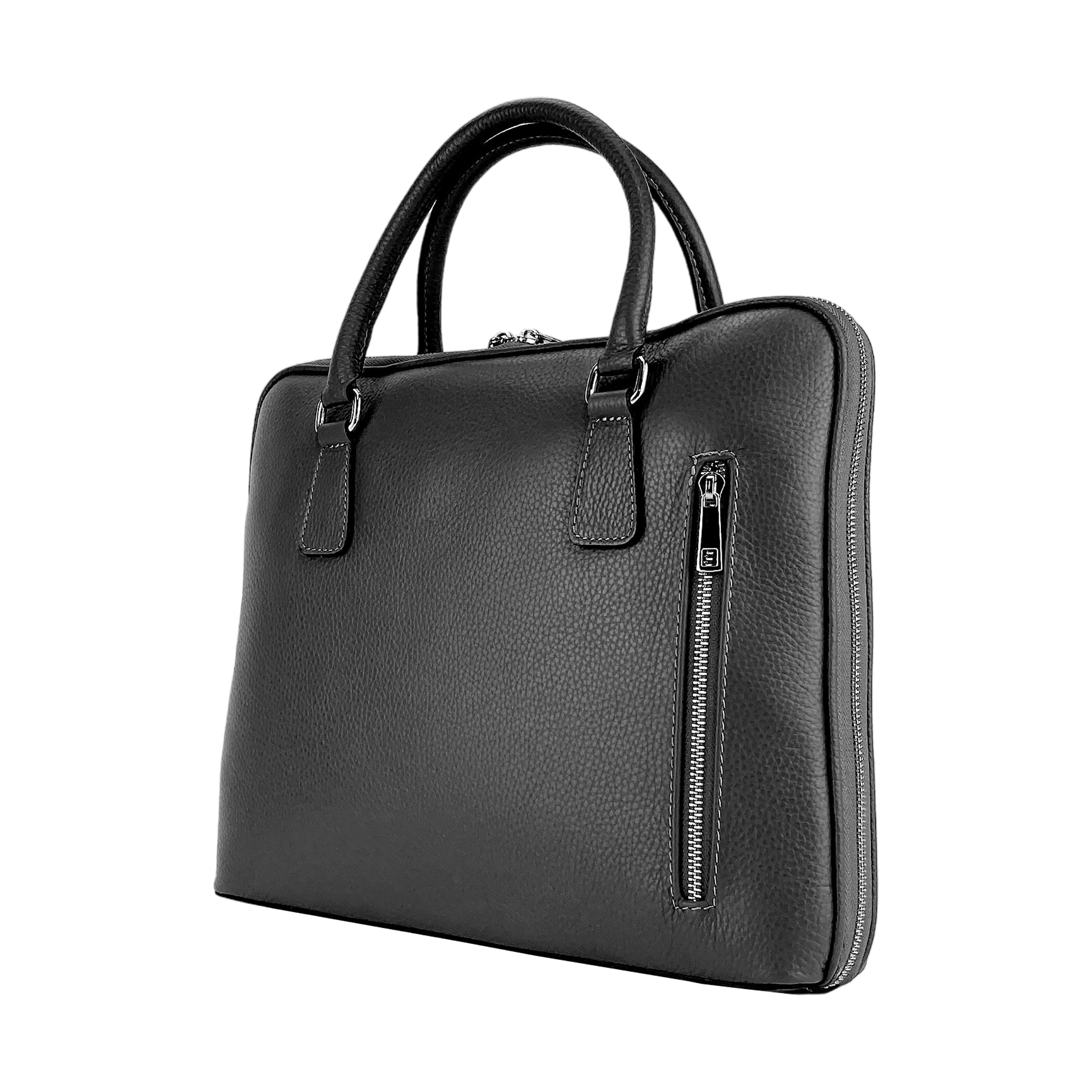 RB1019A | Cartella Business Unisex in Vera Pelle Made in Italy con tracolla removibile. Attacchi con moschettoni in metallo Nickel Lucido - Colore Nero - Dimensioni: cm 37 x 29 x 6,5-0