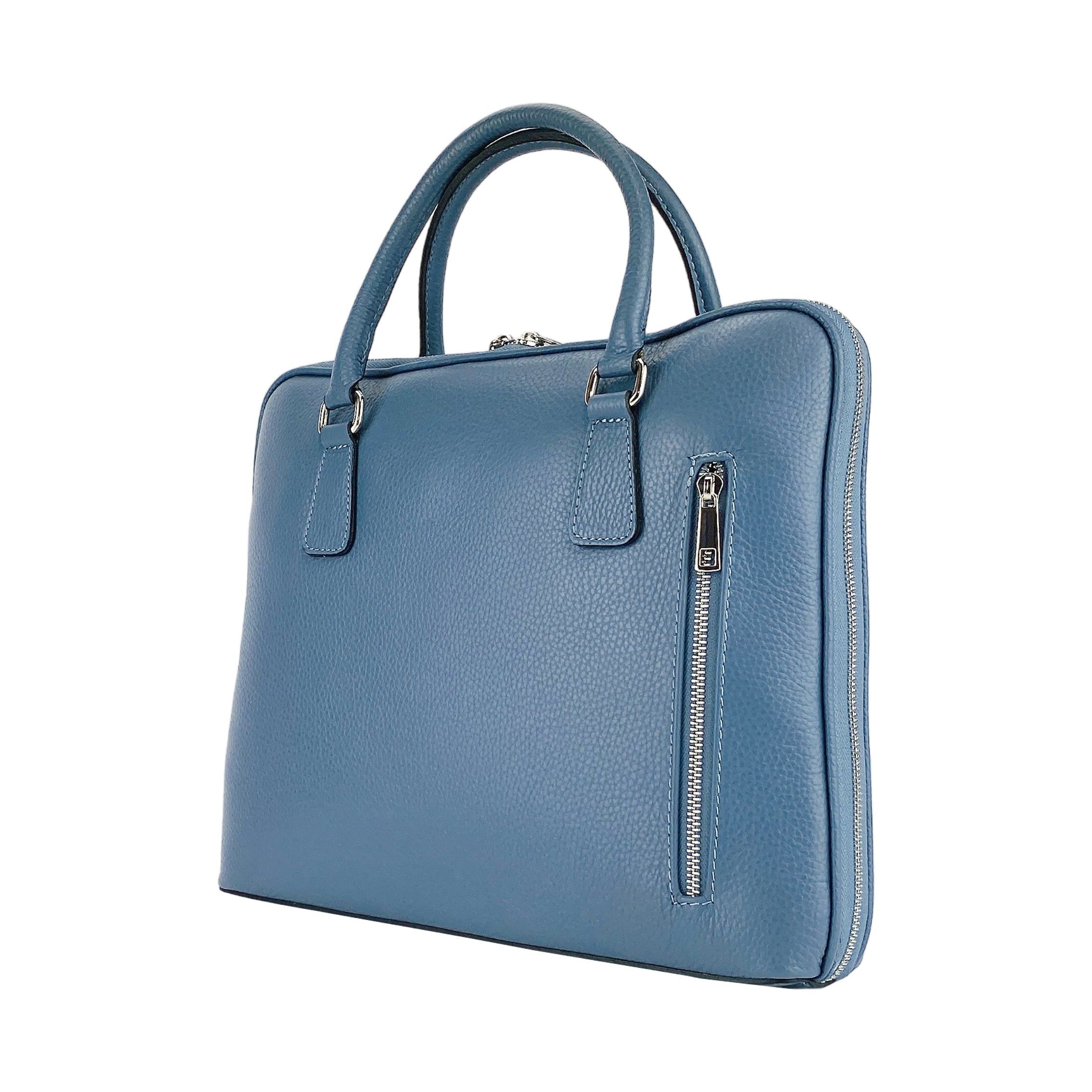 RB1019P | Unisex Business Briefcase in Genuine Leather Made in Italy with Removable Shoulder Strap. Polished Nickel Metal Snap Hook Attachments - Air Force Blue Color - Dimensions: 37 x 29 x 6.5 cm-0