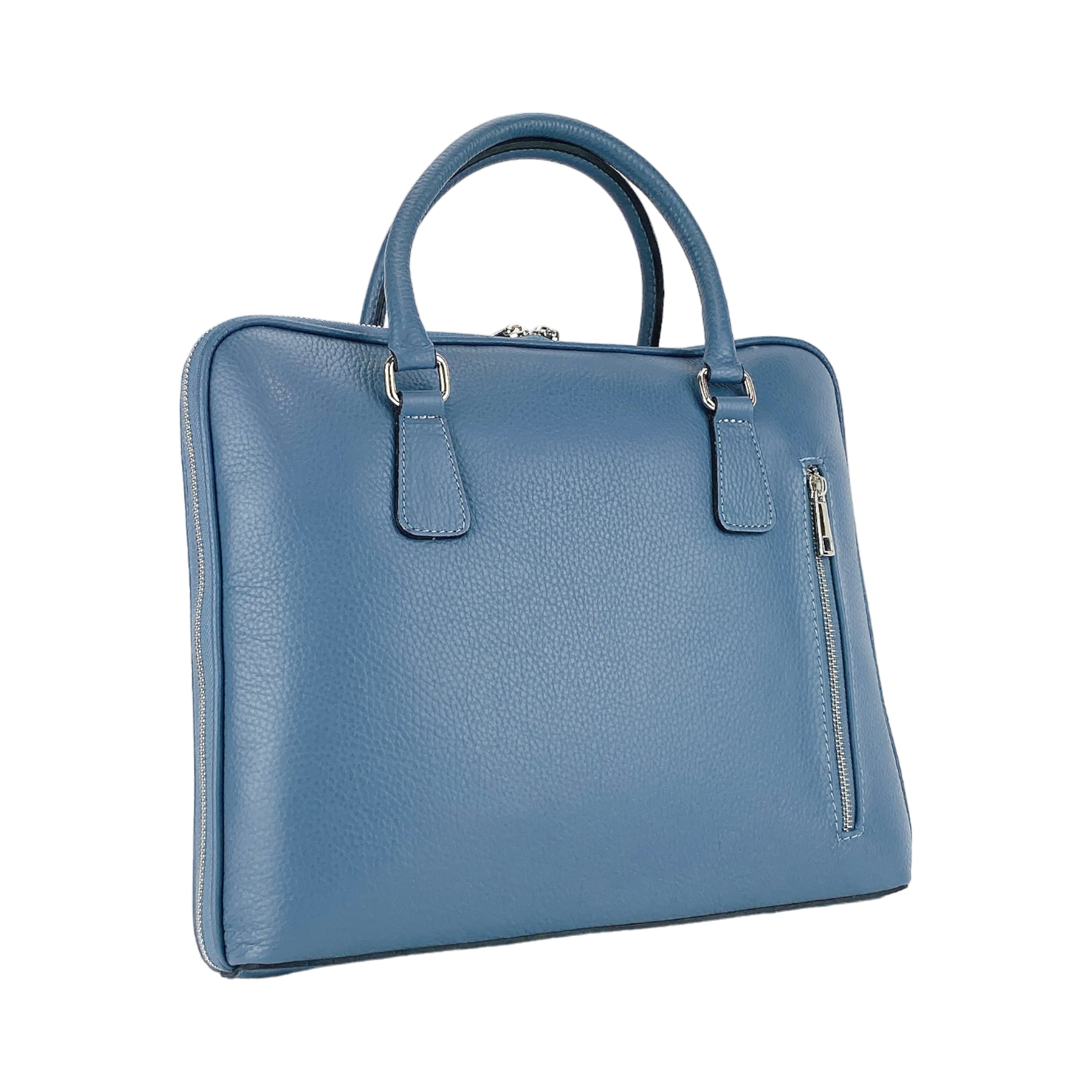 RB1019P | Unisex Business Briefcase in Genuine Leather Made in Italy with Removable Shoulder Strap. Polished Nickel Metal Snap Hook Attachments - Air Force Blue Color - Dimensions: 37 x 29 x 6.5 cm-1