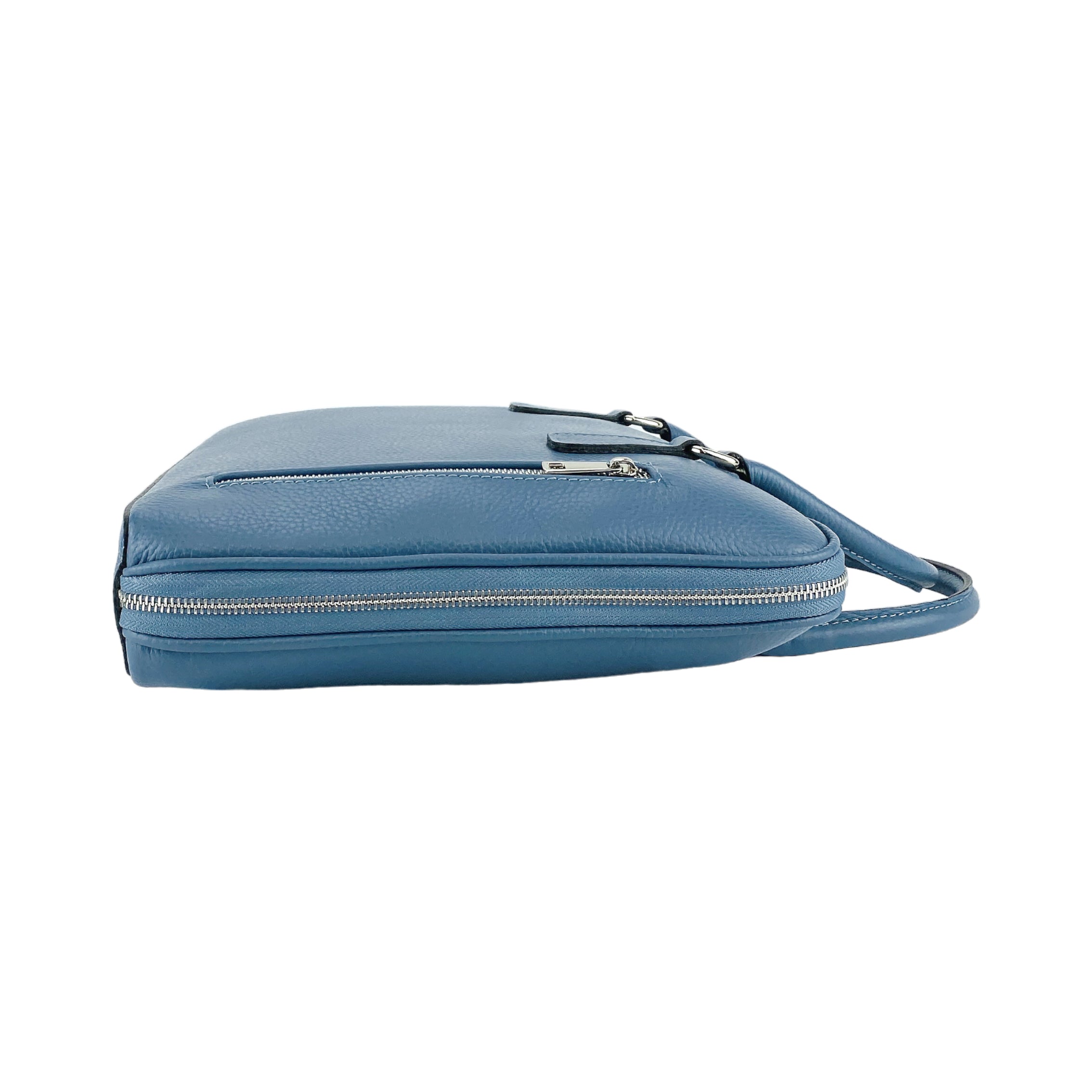 RB1019P | Unisex Business Briefcase in Genuine Leather Made in Italy with Removable Shoulder Strap. Polished Nickel Metal Snap Hook Attachments - Air Force Blue Color - Dimensions: 37 x 29 x 6.5 cm-2