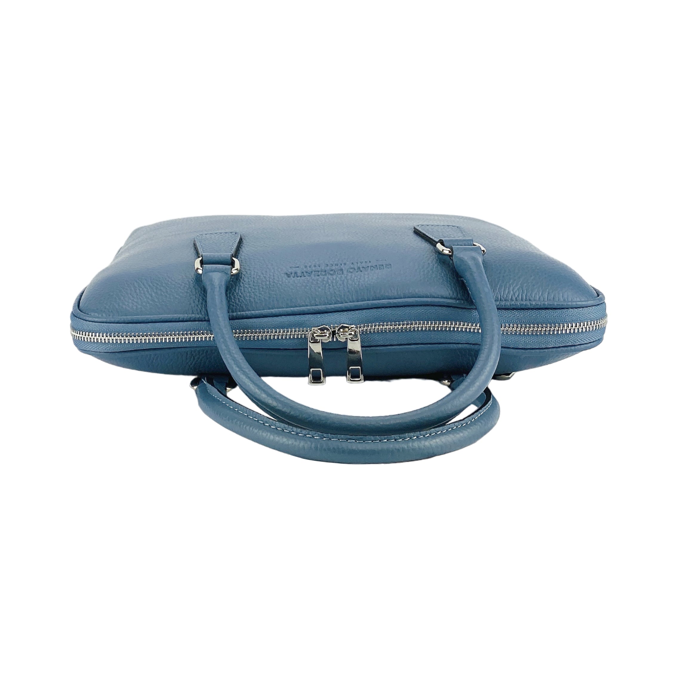 RB1019P | Unisex Business Briefcase in Genuine Leather Made in Italy with Removable Shoulder Strap. Polished Nickel Metal Snap Hook Attachments - Air Force Blue Color - Dimensions: 37 x 29 x 6.5 cm-3