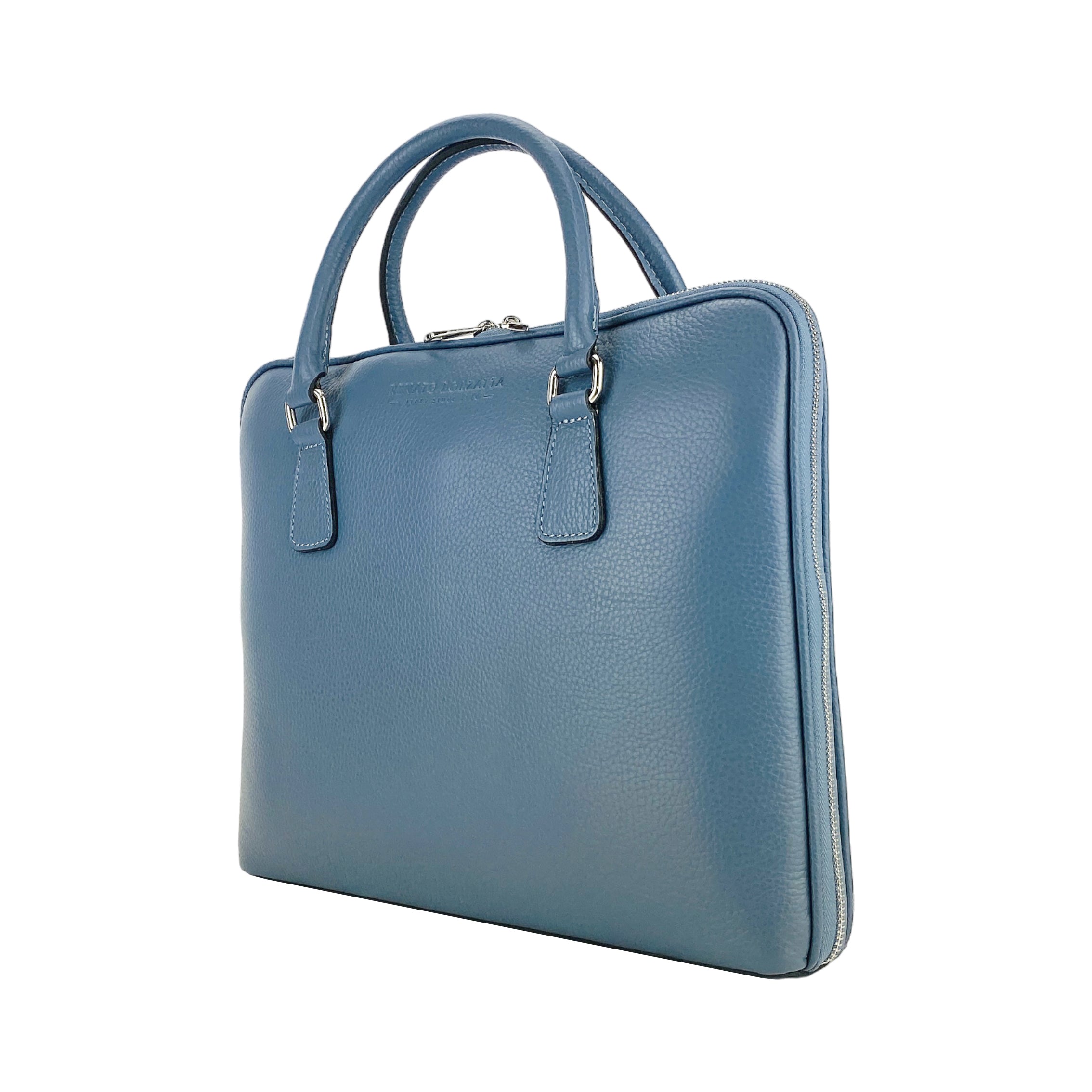 RB1019P | Unisex Business Briefcase in Genuine Leather Made in Italy with Removable Shoulder Strap. Polished Nickel Metal Snap Hook Attachments - Air Force Blue Color - Dimensions: 37 x 29 x 6.5 cm-4