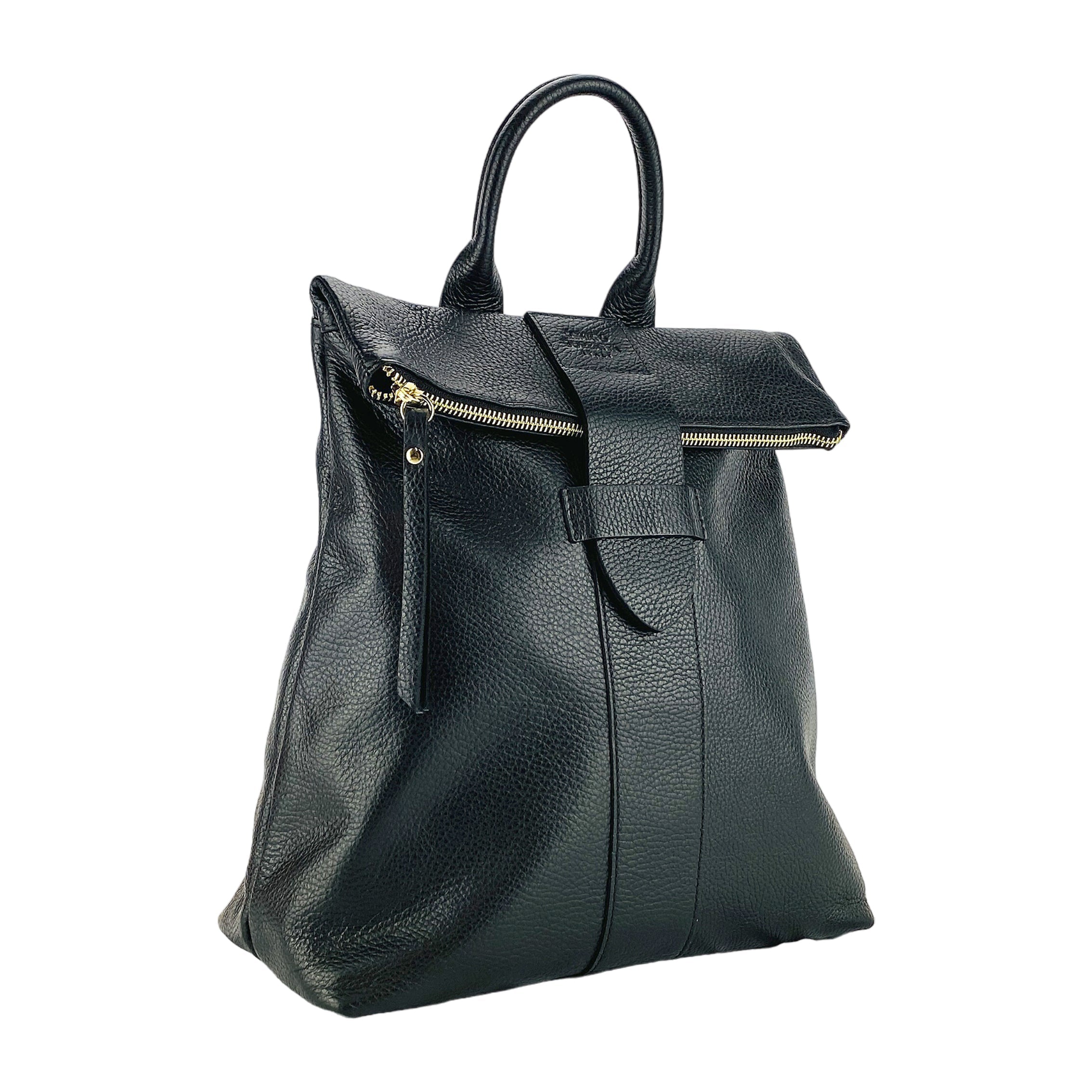 RB1021A | Zaino Donna Morbido in Vera Pelle Made in Italy con Spallacci regolabili. Chiusura lampo e Accessori in metallo Oro Lucido - Colore Nero - Dimensioni: cm 30 x 34 x 10,5-0