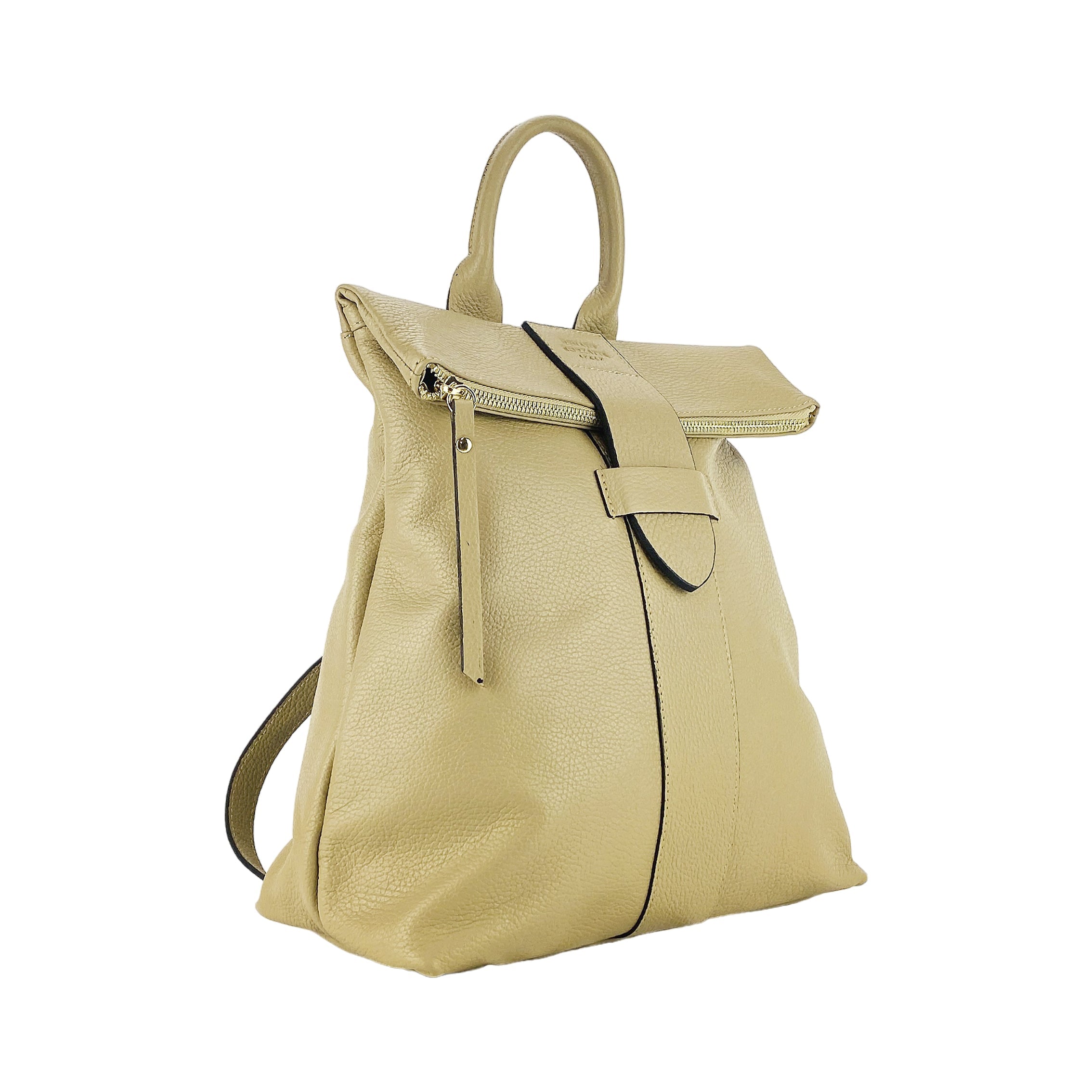 RB1021AL | Women's Soft Genuine Leather Backpack Made in Italy with Adjustable Shoulder Straps. Zipper and Polished Gold Metal Accessories - Beige Color - Dimensions: 30 x 34 x 10.5 cm-0