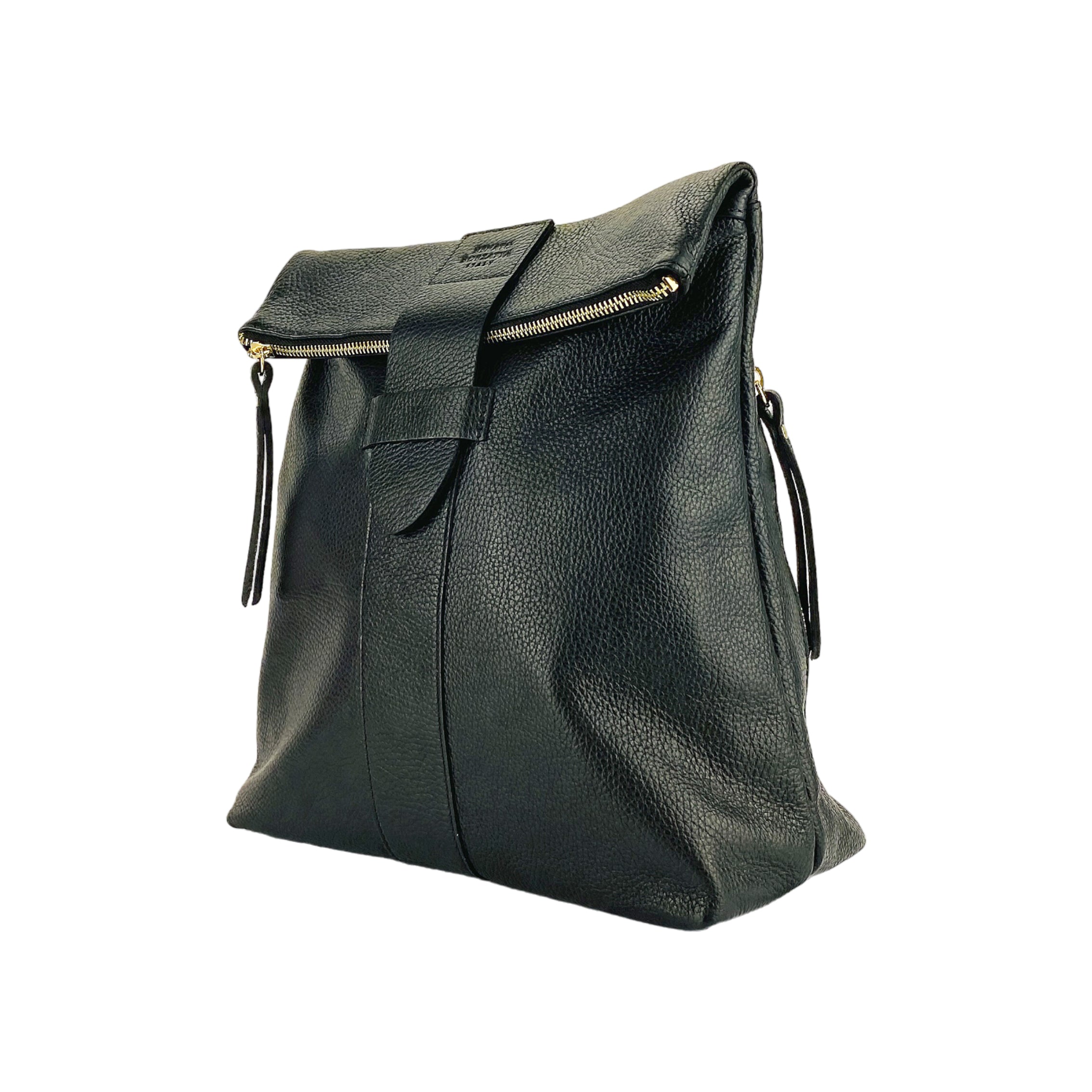 RB1021A | Zaino Donna Morbido in Vera Pelle Made in Italy con Spallacci regolabili. Chiusura lampo e Accessori in metallo Oro Lucido - Colore Nero - Dimensioni: cm 30 x 34 x 10,5-1